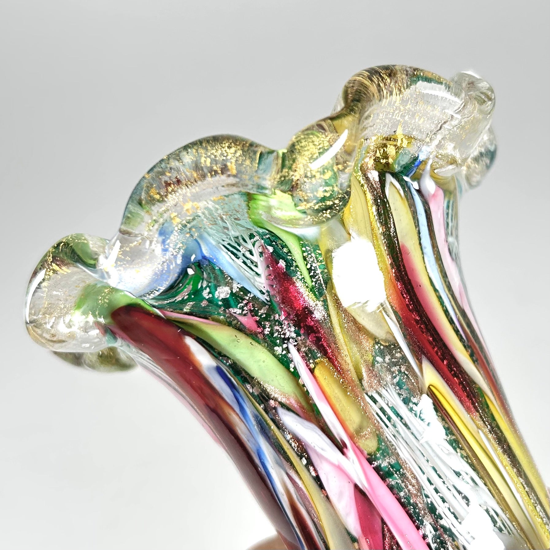Italian Murano Tutti Frutti Blown Glass Vase in Multi Colors and Ruffle Top