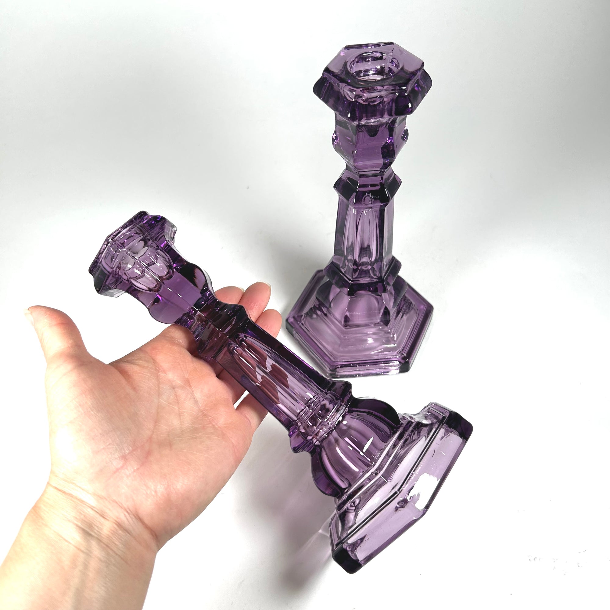 Vintage Amethyst Purple Glass Candlesticks by MMA Set of Two