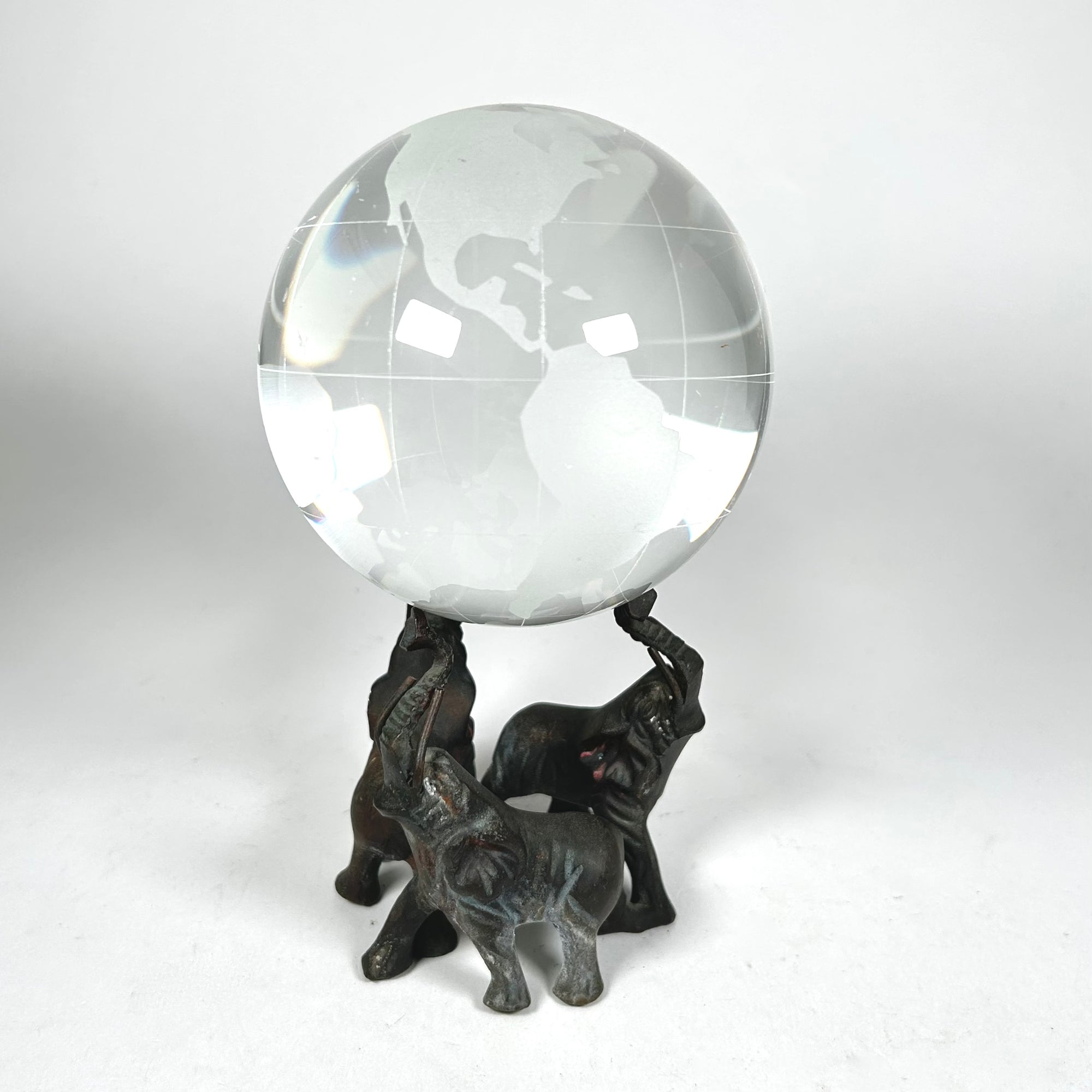 Etched Glass Earth Globe Held Up by Three Elephants