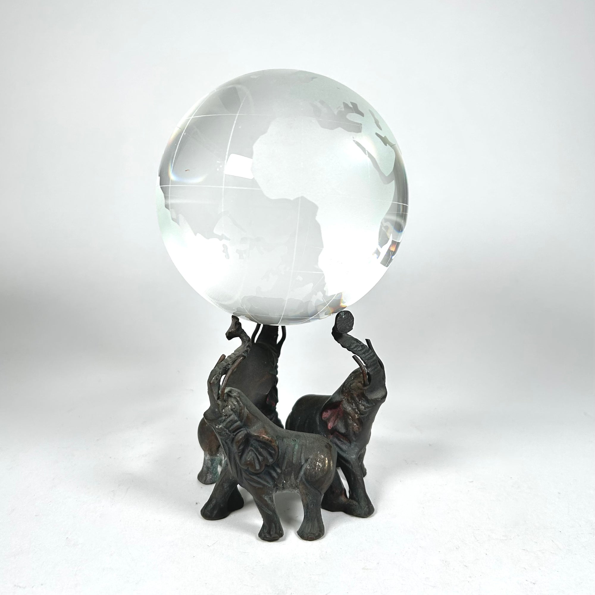Etched Glass Earth Globe Held Up by Three Elephants