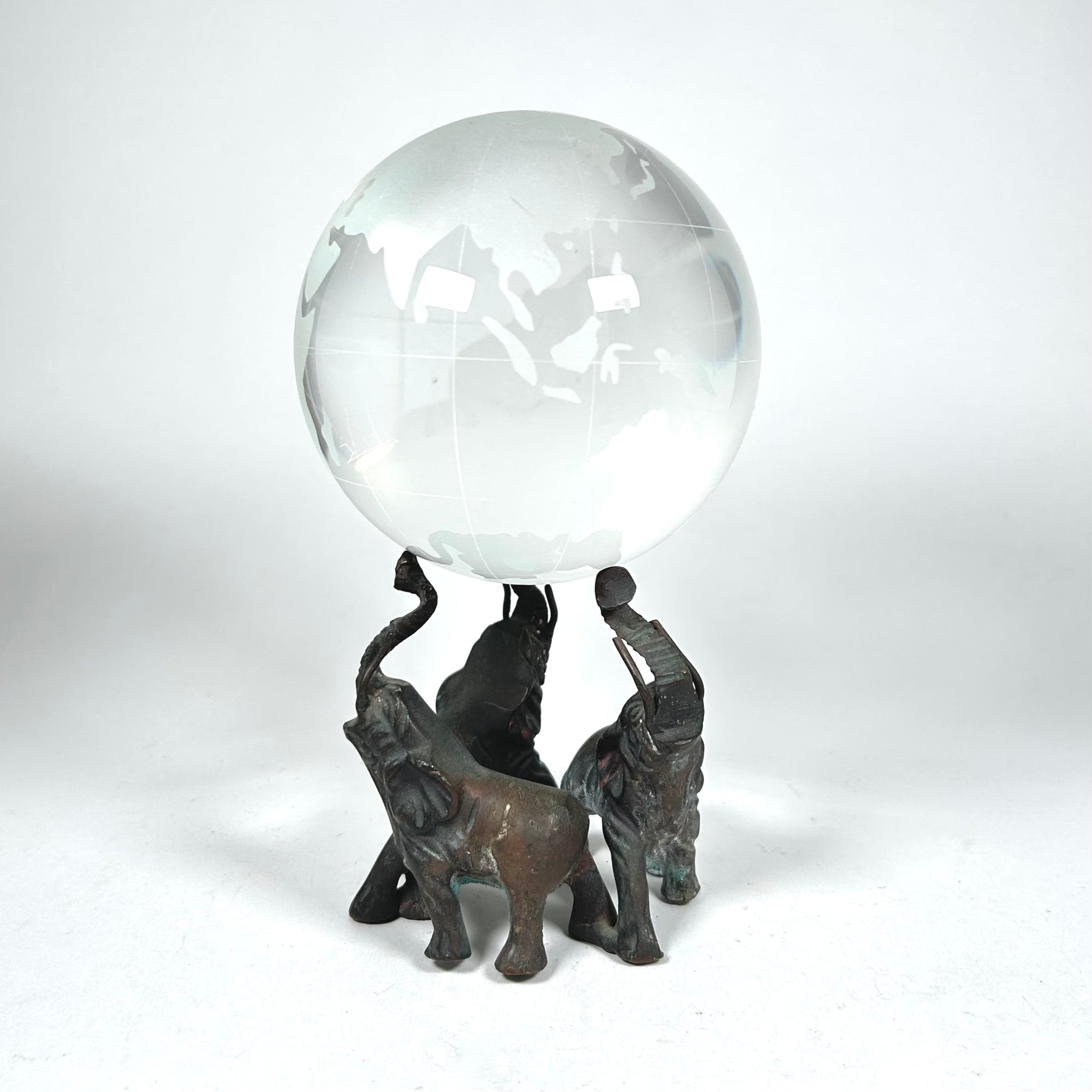 Etched Glass Earth Globe Held Up by Three Elephants