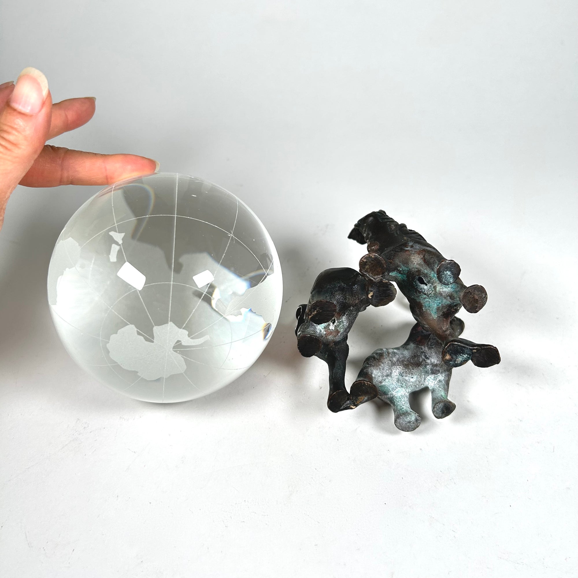 Etched Glass Earth Globe Held Up by Three Elephants