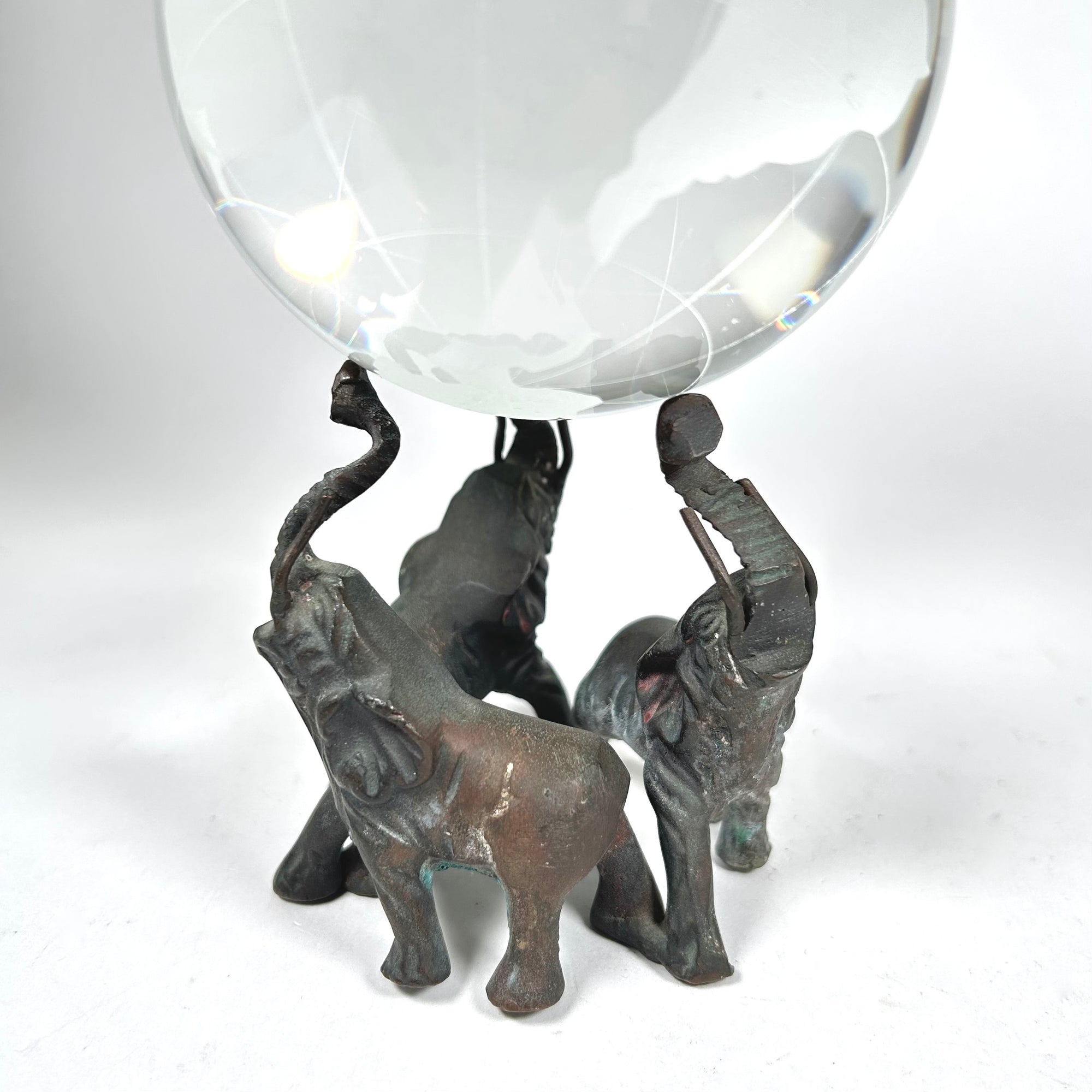 Etched Glass Earth Globe Held Up by Three Elephants