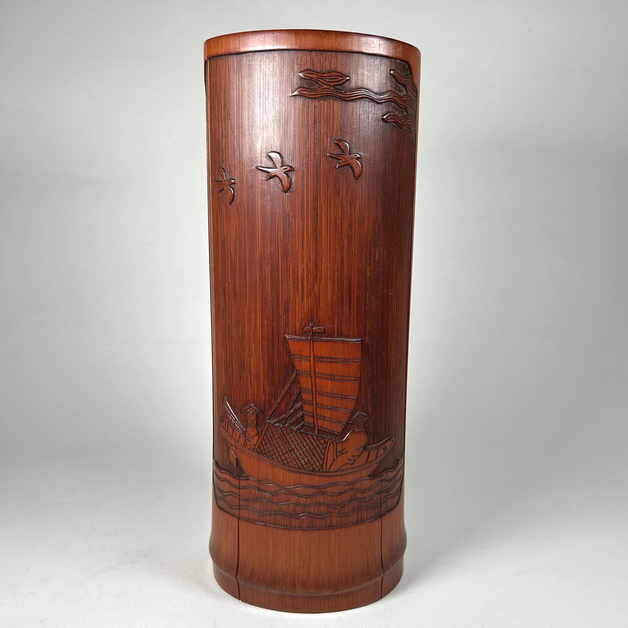 Vintage Asian Bamboo Brush Pot with Asian Characters and Figure
