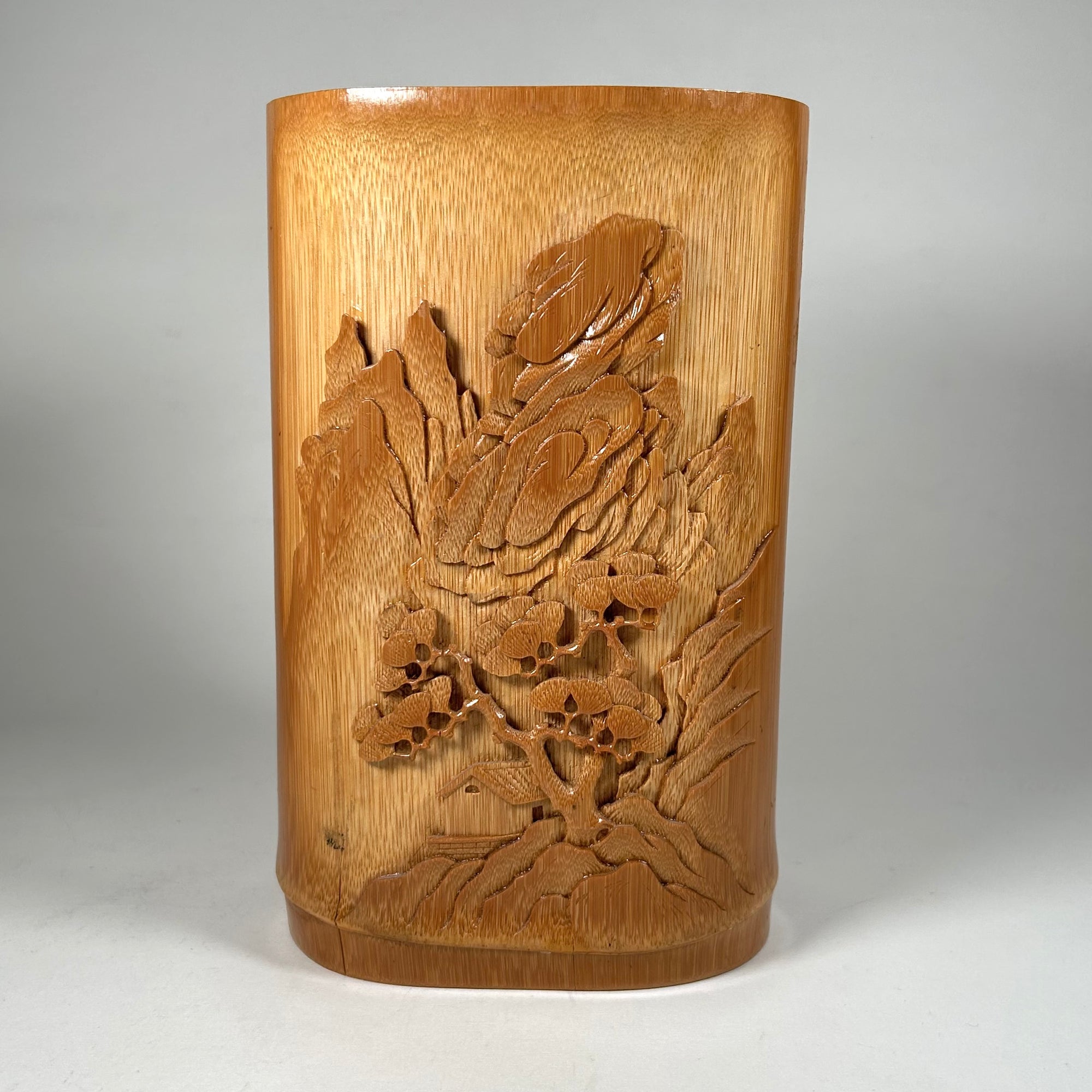 Vintage Chinese Bamboo Brush Pot with Tree and Mountain Scene
