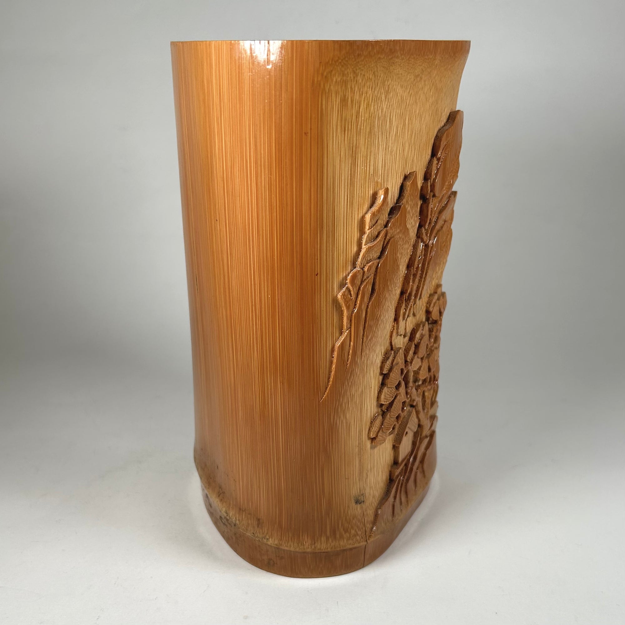 Vintage Chinese Bamboo Brush Pot with Tree and Mountain Scene
