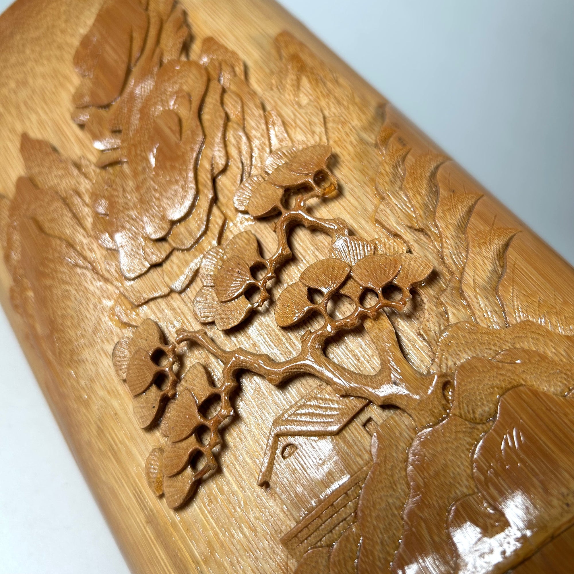 Vintage Chinese Bamboo Brush Pot with Tree and Mountain Scene