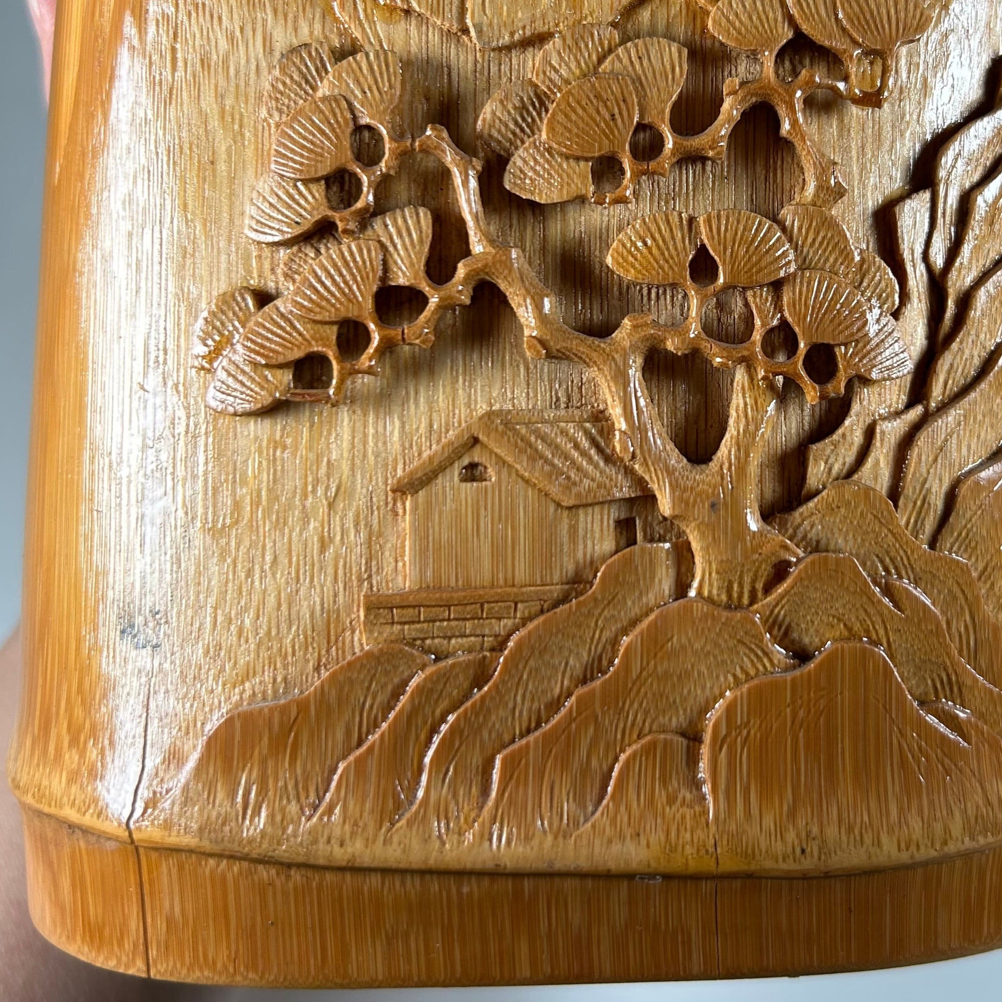 Vintage Chinese Bamboo Brush Pot with Tree and Mountain Scene
