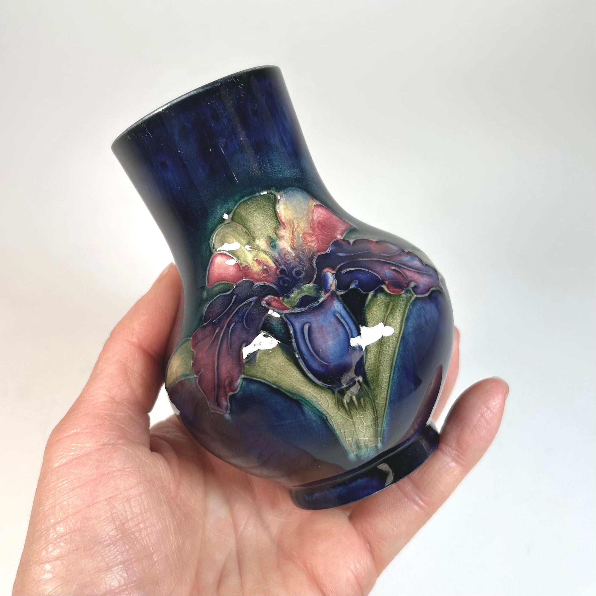 Moorcroft Iris Orchid Flower Vase in Cobalt Blue
