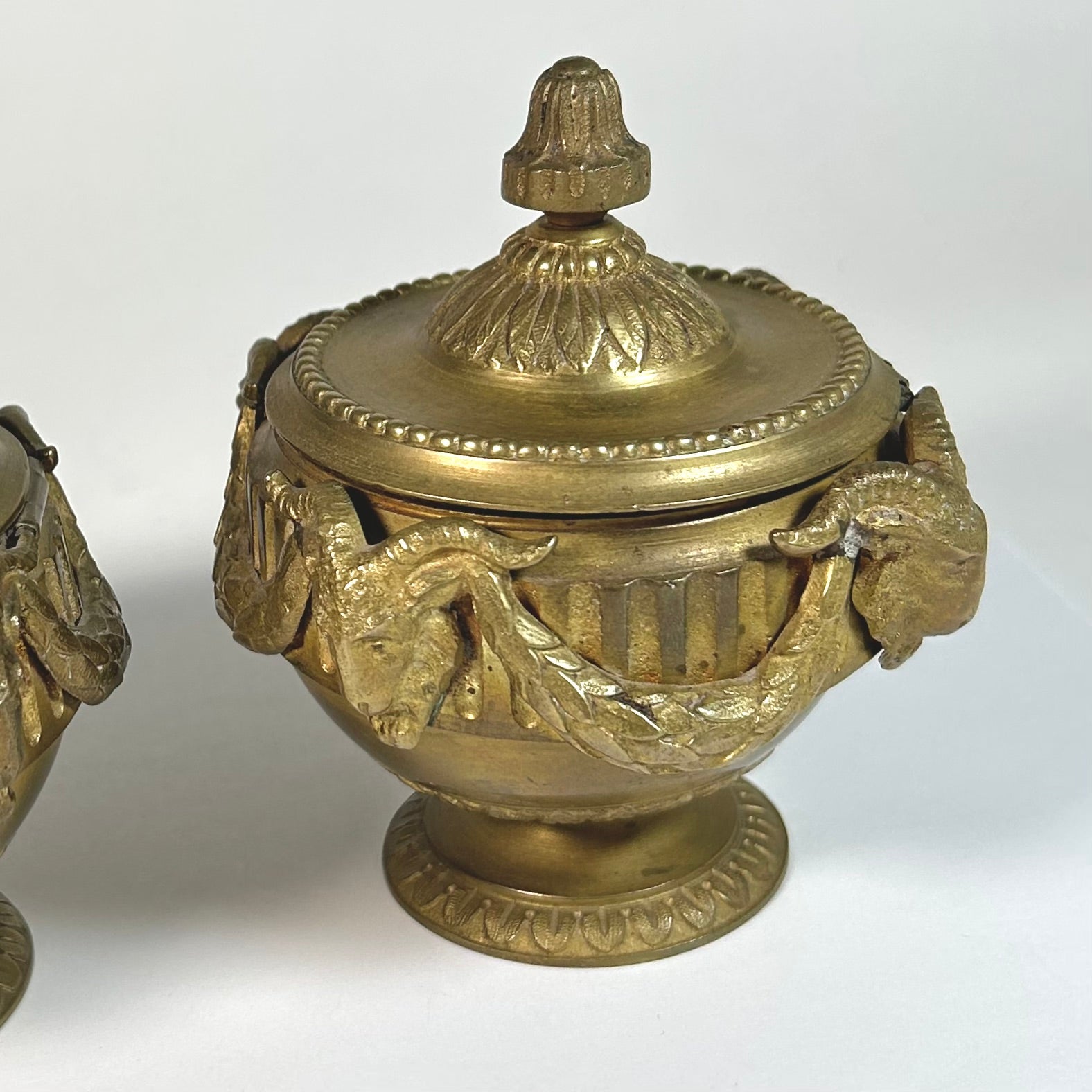 Vintage Goat Head Decorated Brass Inkwell Pair