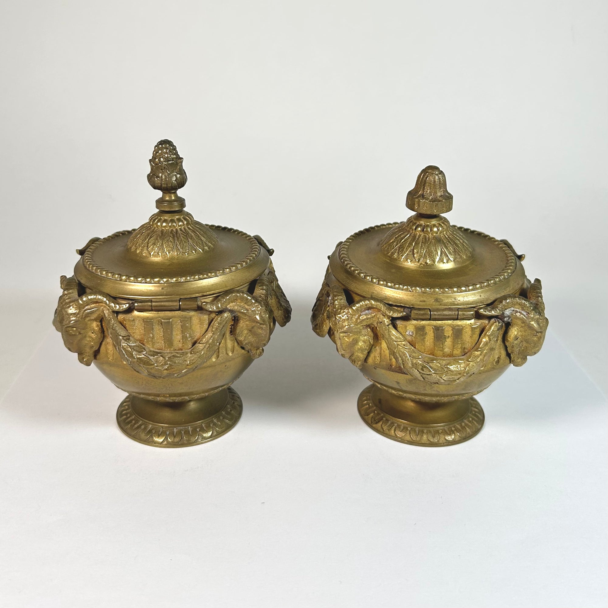 Vintage Goat Head Decorated Brass Inkwell Pair