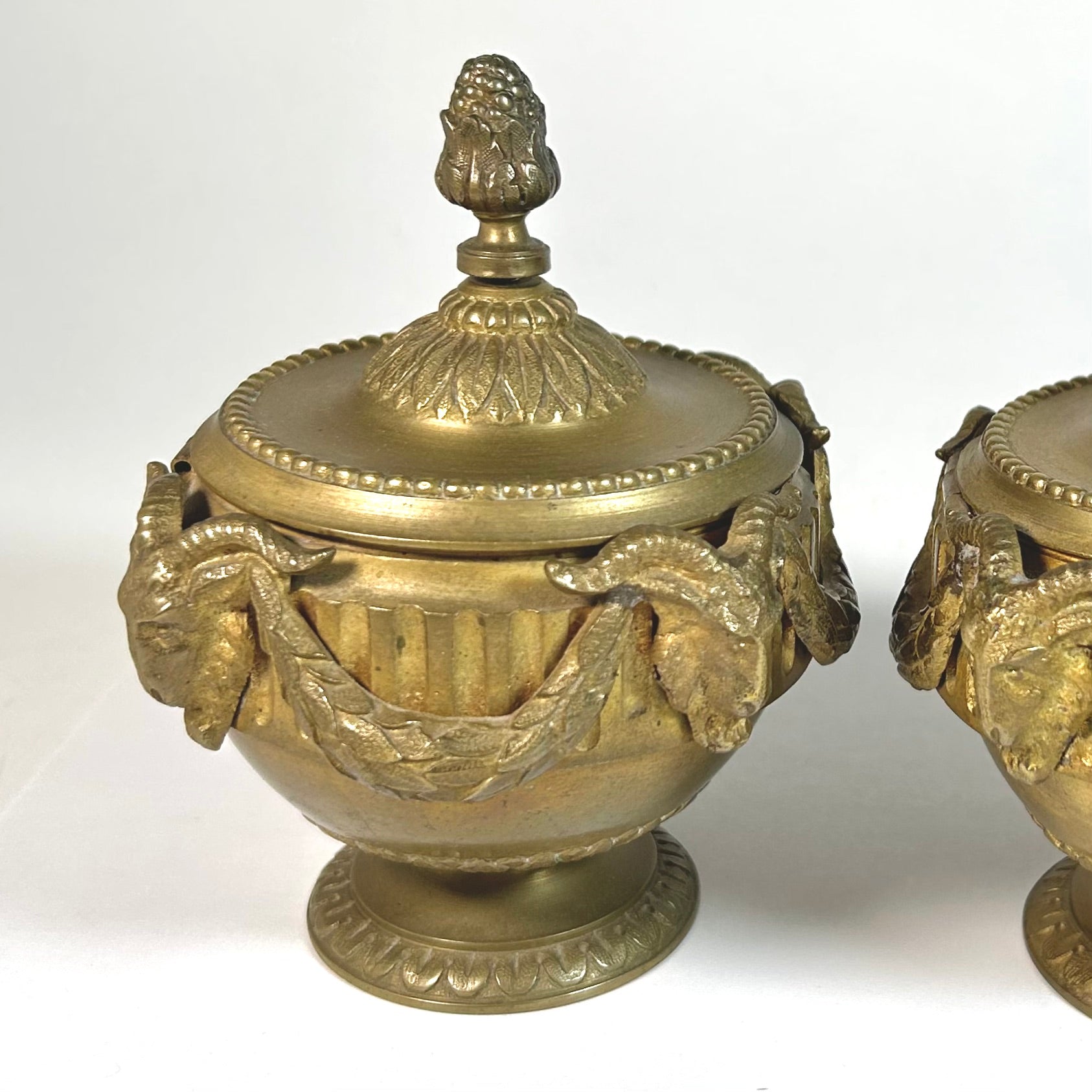Vintage Goat Head Decorated Brass Inkwell Pair