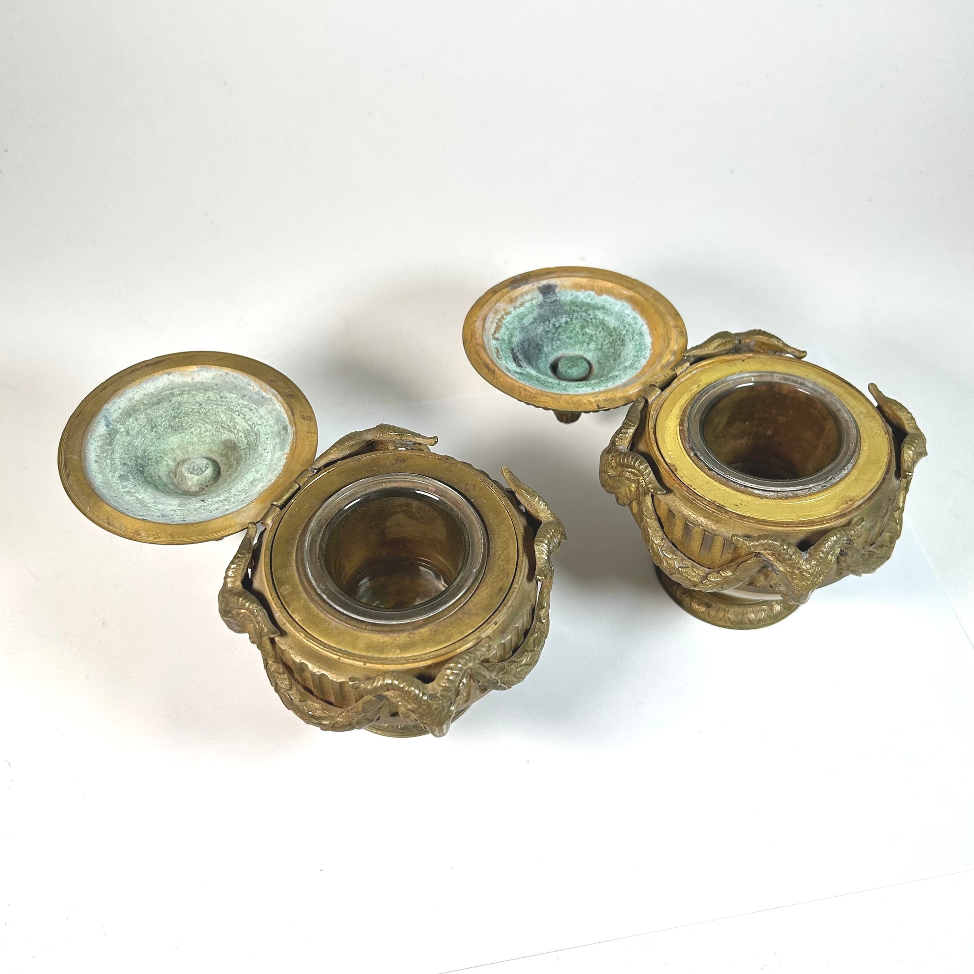 Vintage Goat Head Decorated Brass Inkwell Pair