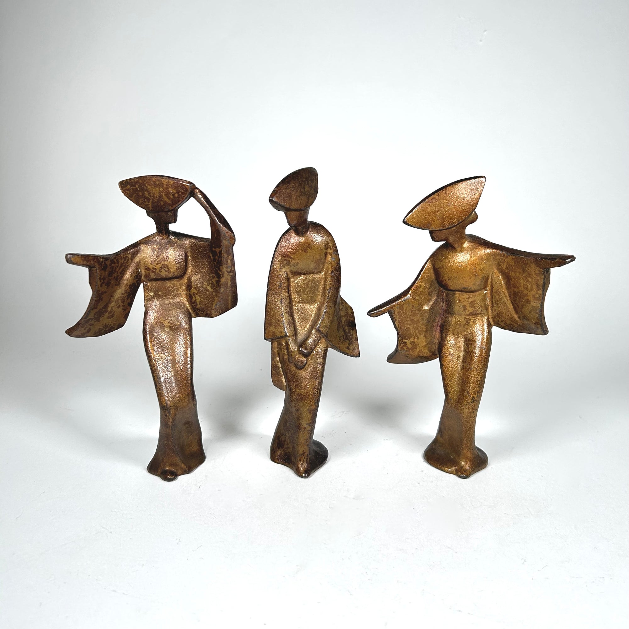 MCM Dancing Geisha Figures in Antiqued Gold Metal - Attributed to James Mont