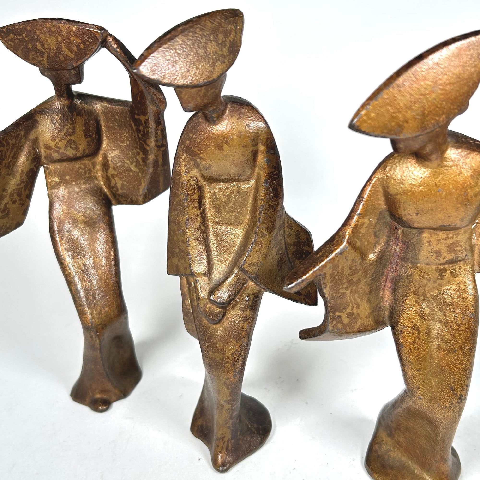 MCM Dancing Geisha Figures in Antiqued Gold Metal - Attributed to James Mont