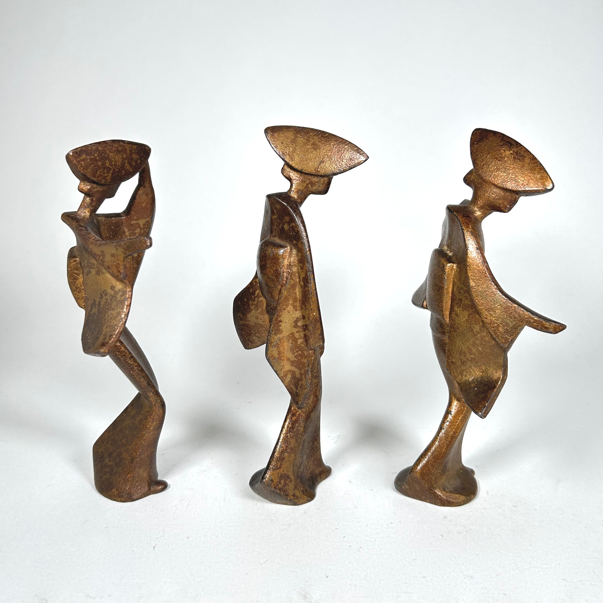 MCM Dancing Geisha Figures in Antiqued Gold Metal - Attributed to James Mont