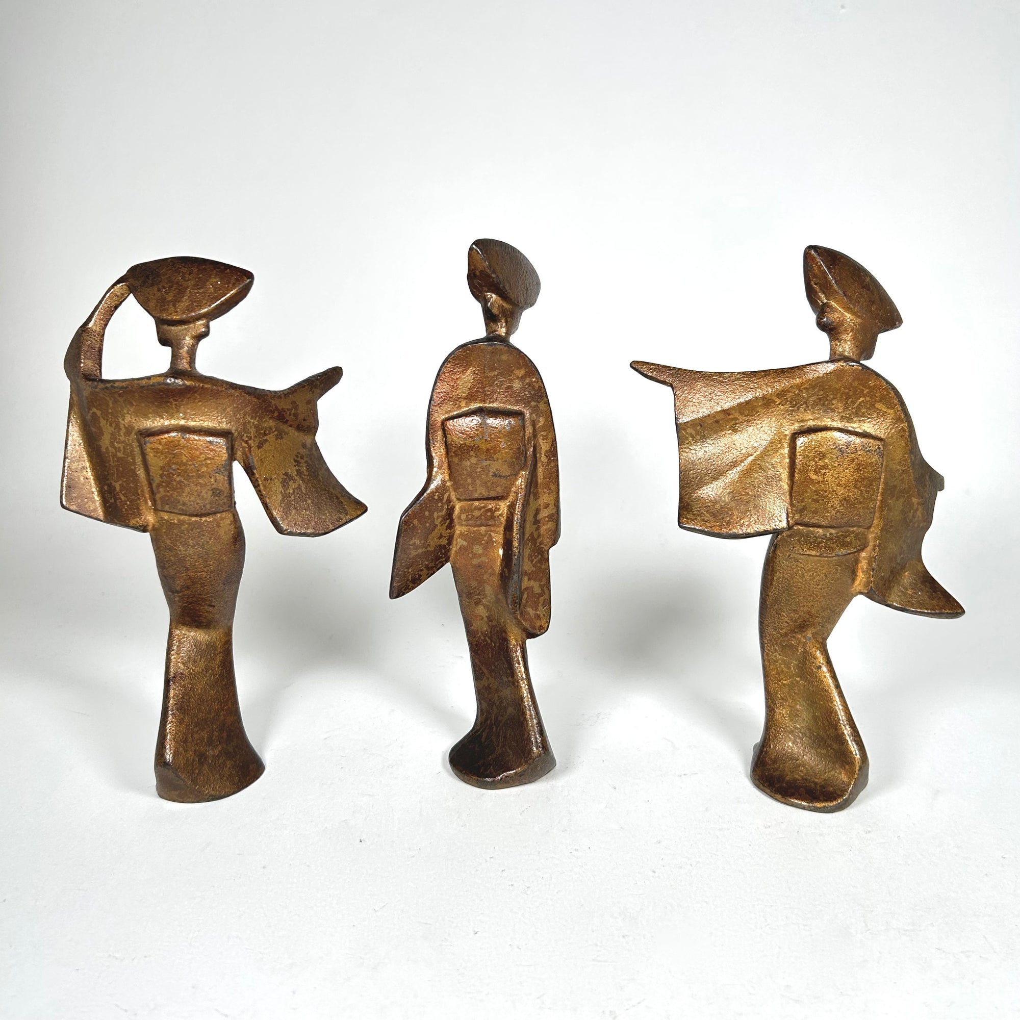 MCM Dancing Geisha Figures in Antiqued Gold Metal - Attributed to James Mont