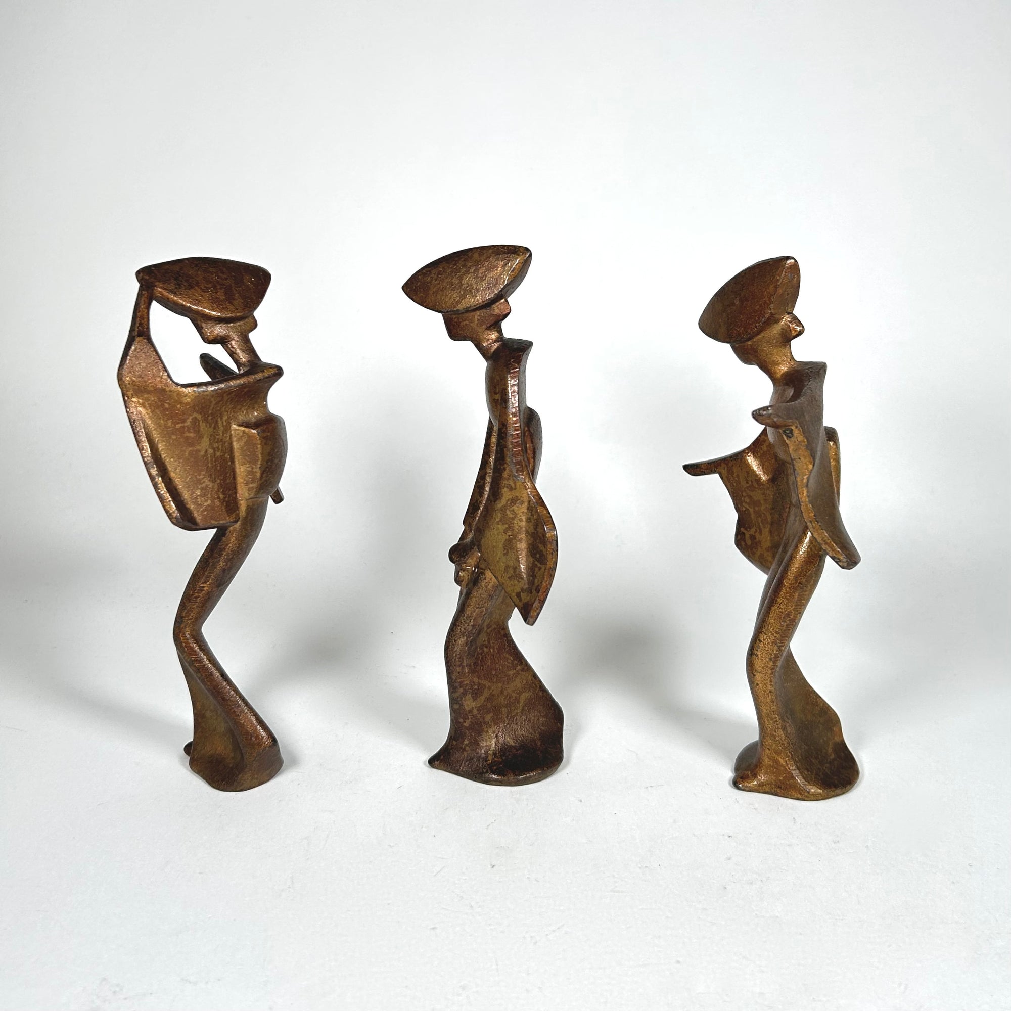 MCM Dancing Geisha Figures in Antiqued Gold Metal - Attributed to James Mont