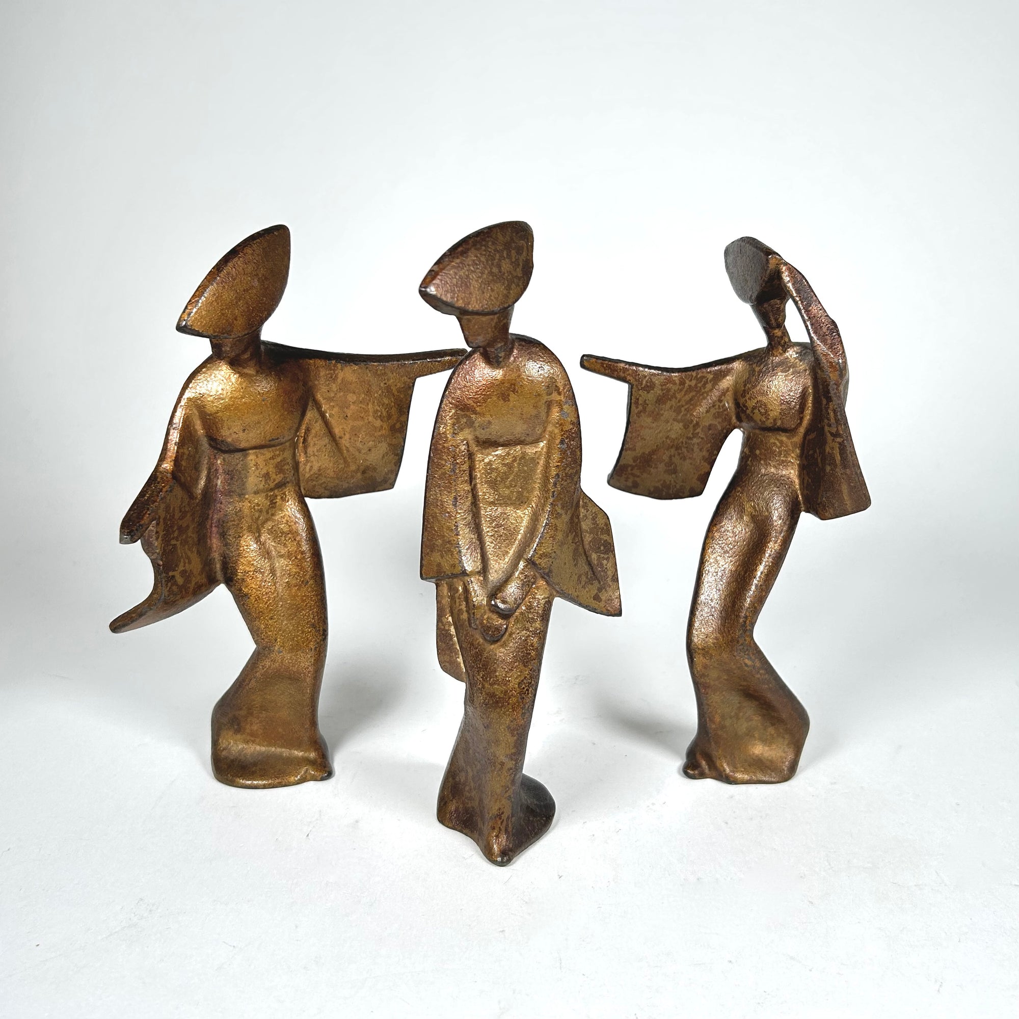 MCM Dancing Geisha Figures in Antiqued Gold Metal - Attributed to James Mont