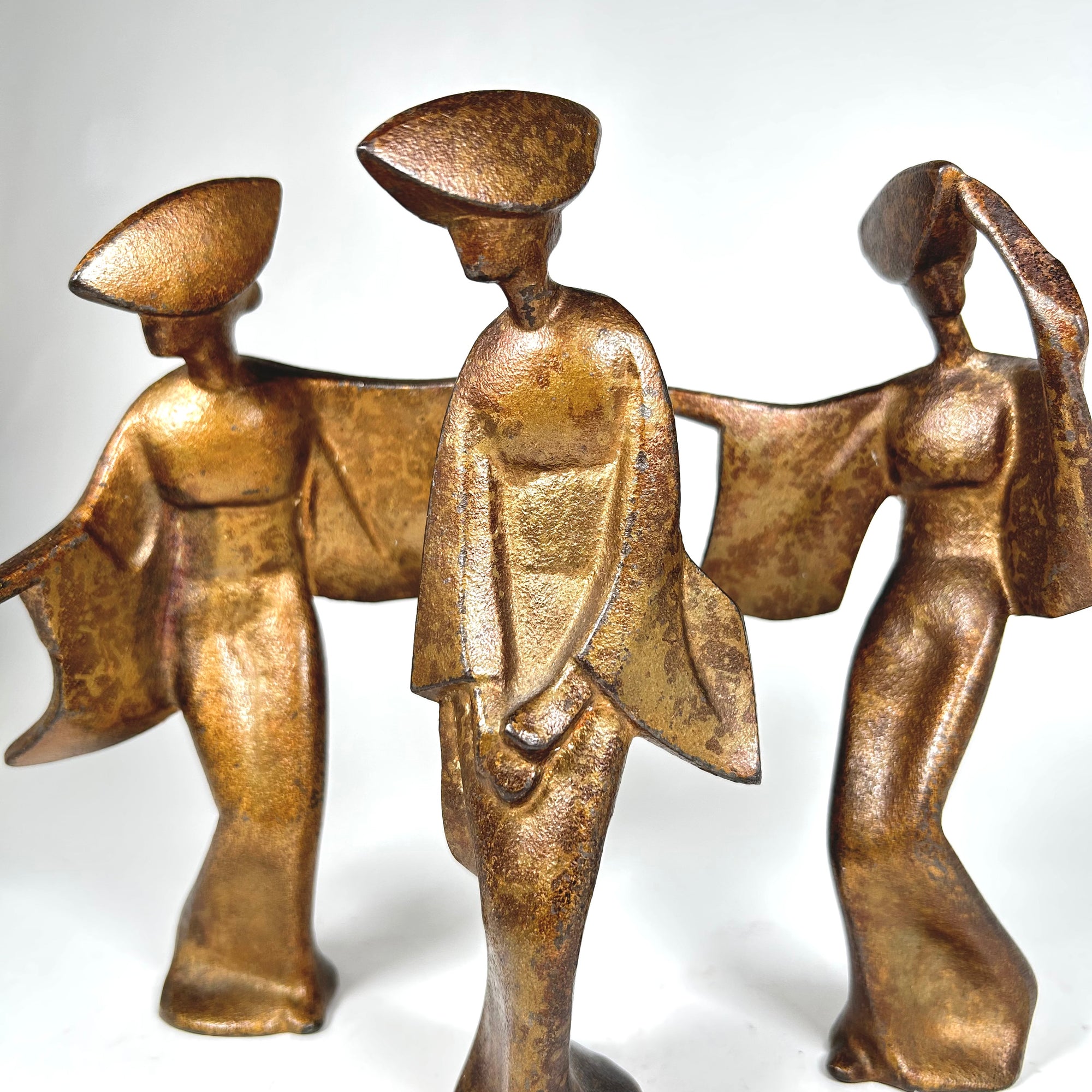 MCM Dancing Geisha Figures in Antiqued Gold Metal - Attributed to James Mont