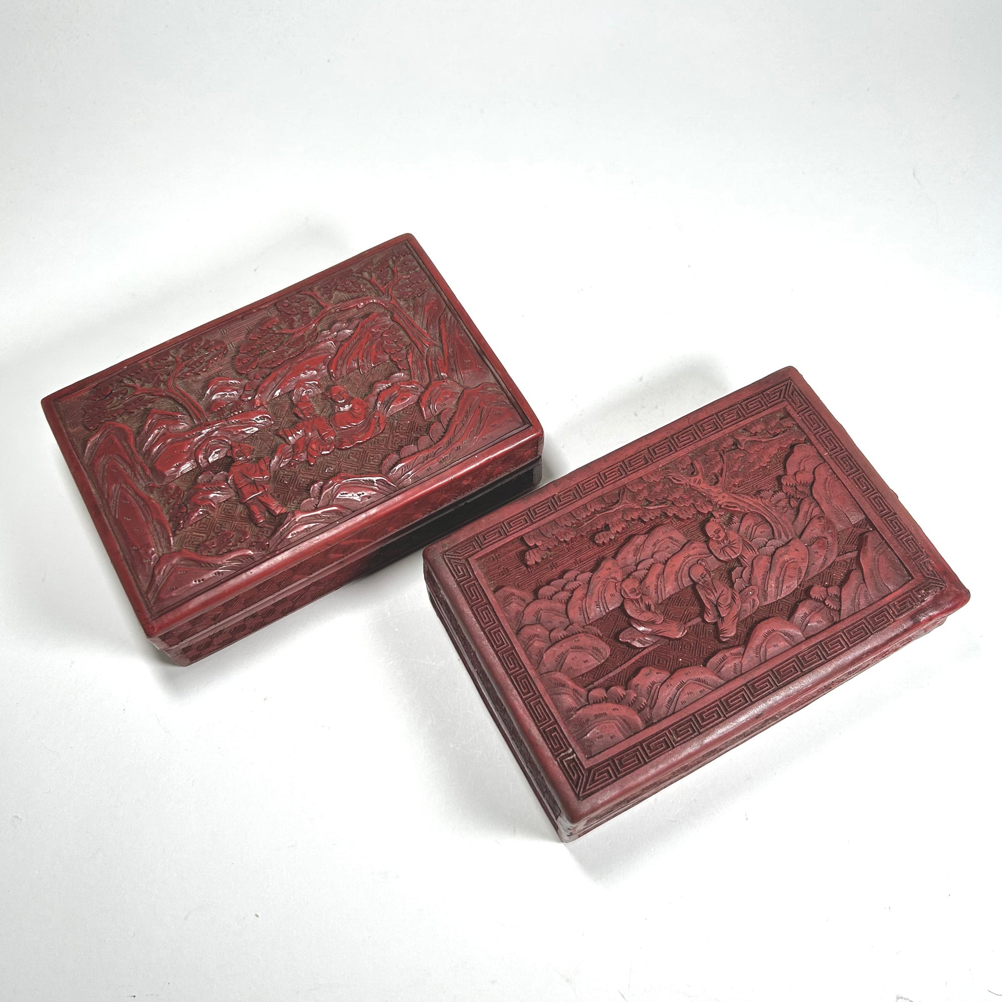 Vintage Chinese Red Lacquer Box Set with Figures in Nature