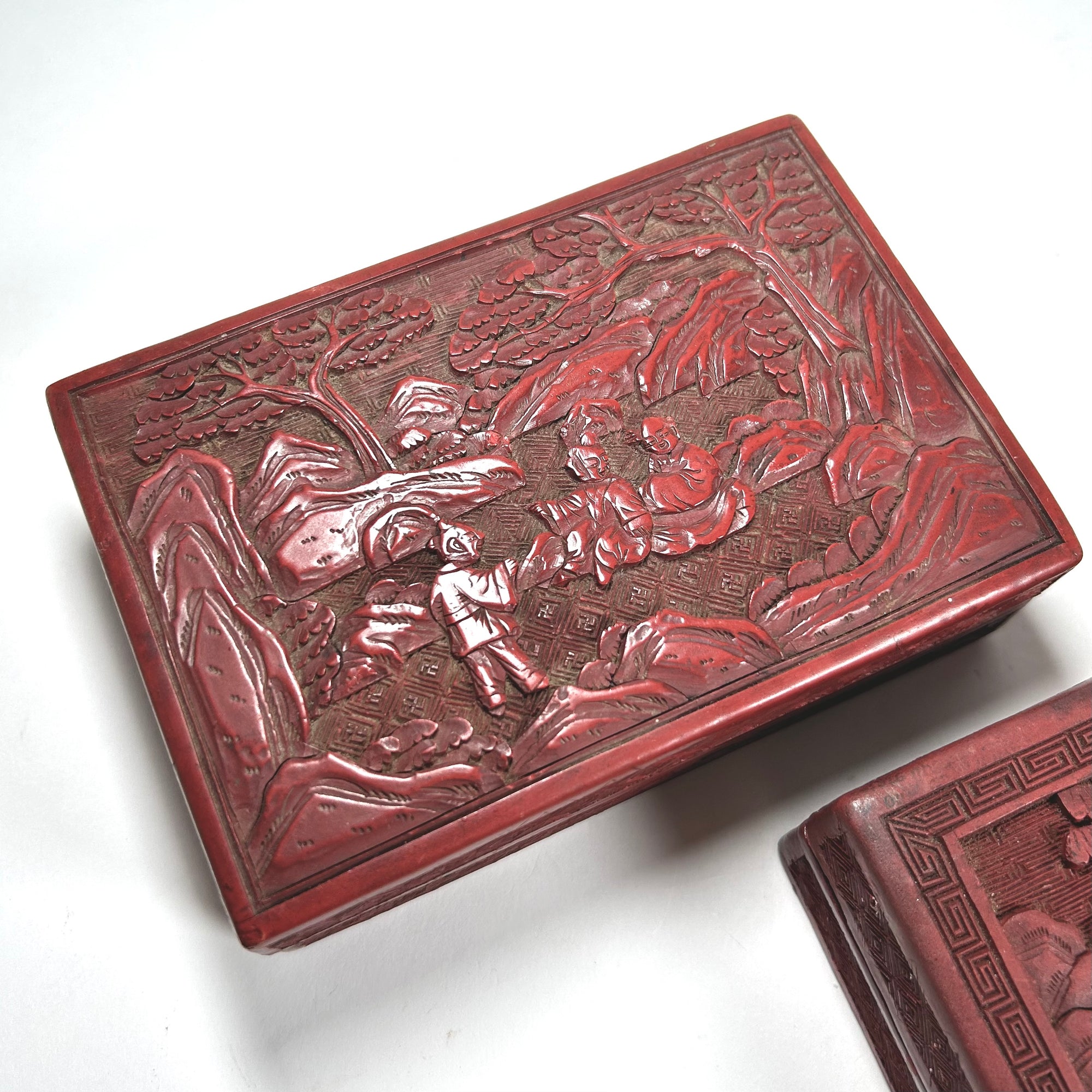 Vintage Chinese Red Lacquer Box Set with Figures in Nature