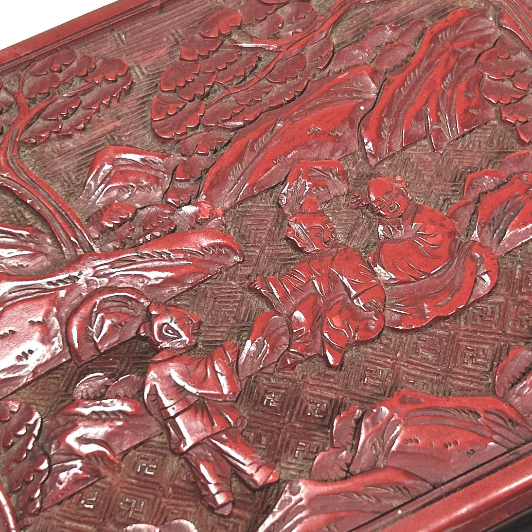 Vintage Chinese Red Lacquer Box Set with Figures in Nature