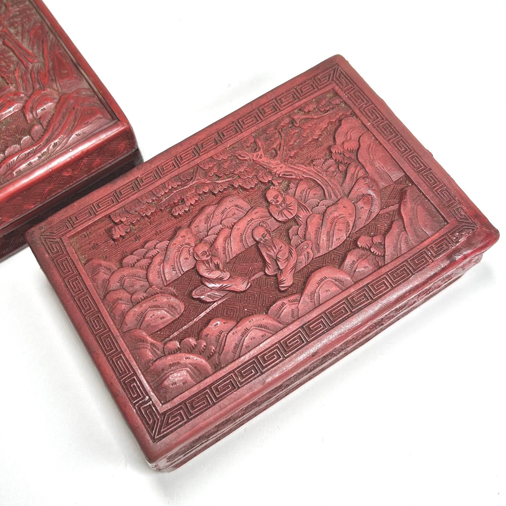 Vintage Chinese Red Lacquer Box Set with Figures in Nature