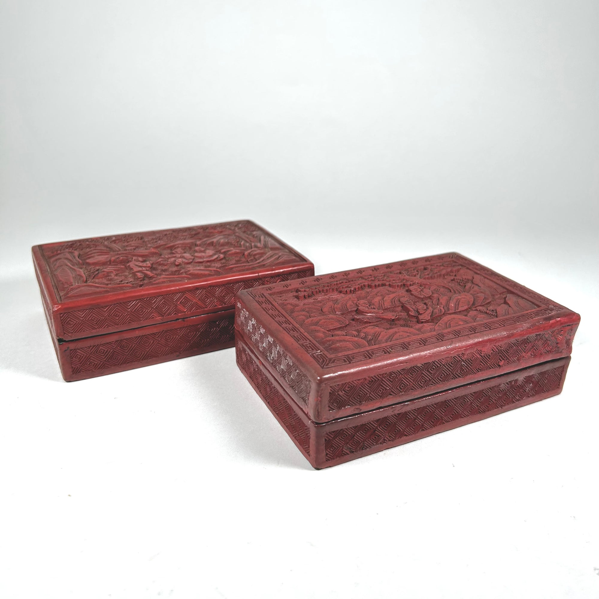 Vintage Chinese Red Lacquer Box Set with Figures in Nature