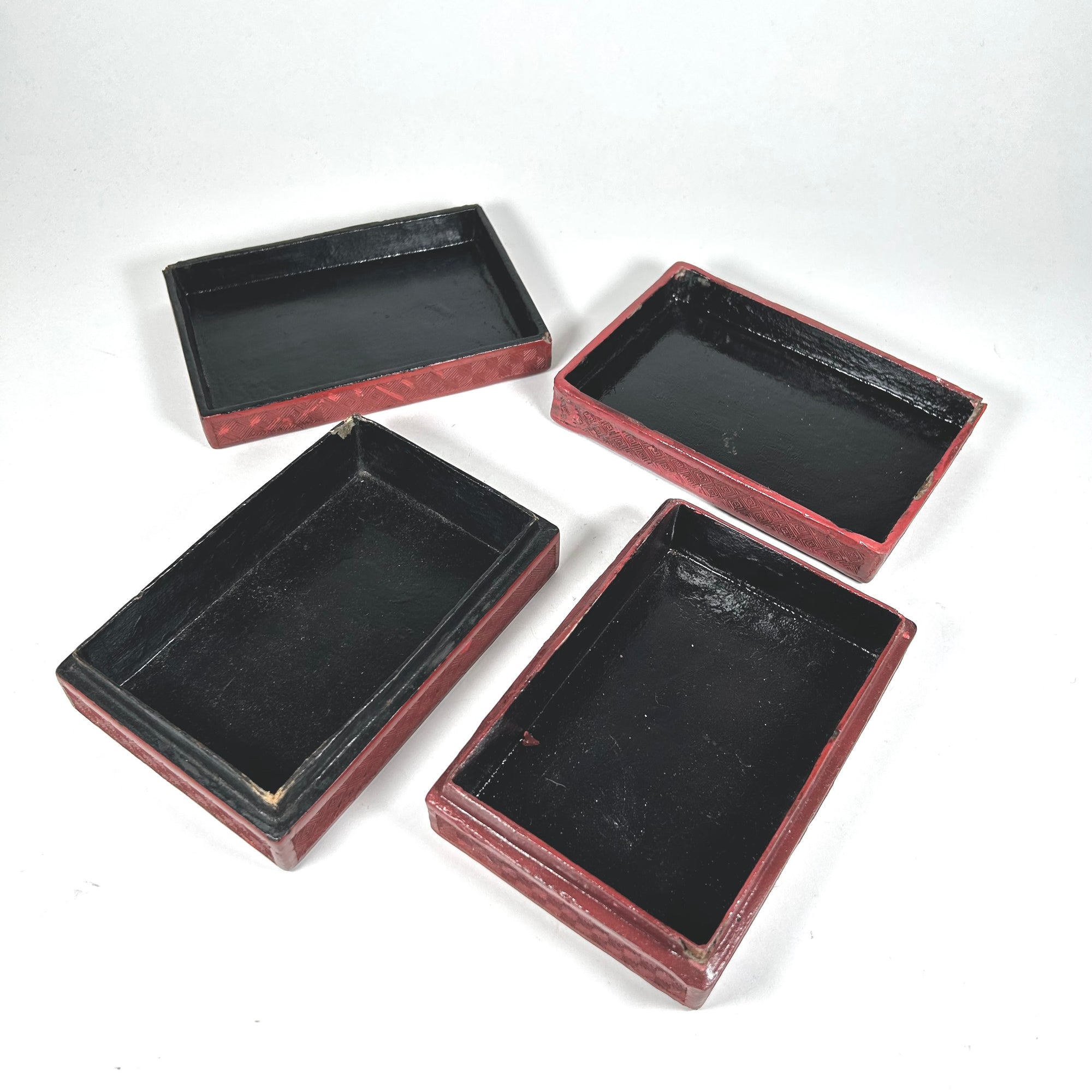 Vintage Chinese Red Lacquer Box Set with Figures in Nature