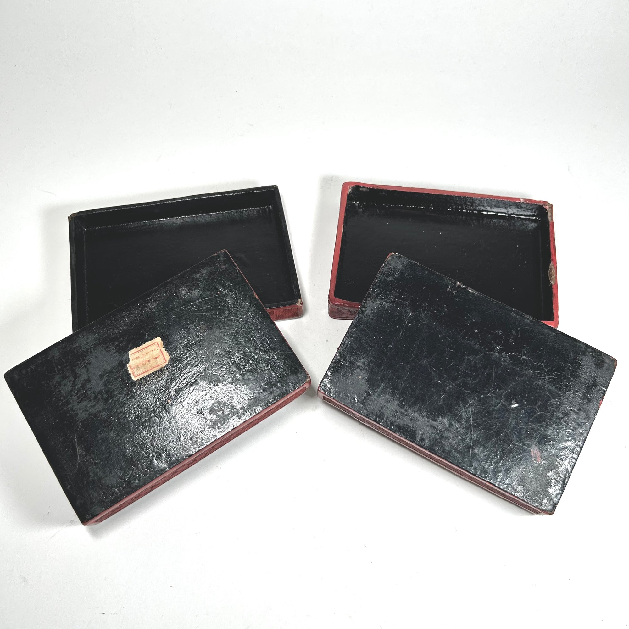 Vintage Chinese Red Lacquer Box Set with Figures in Nature