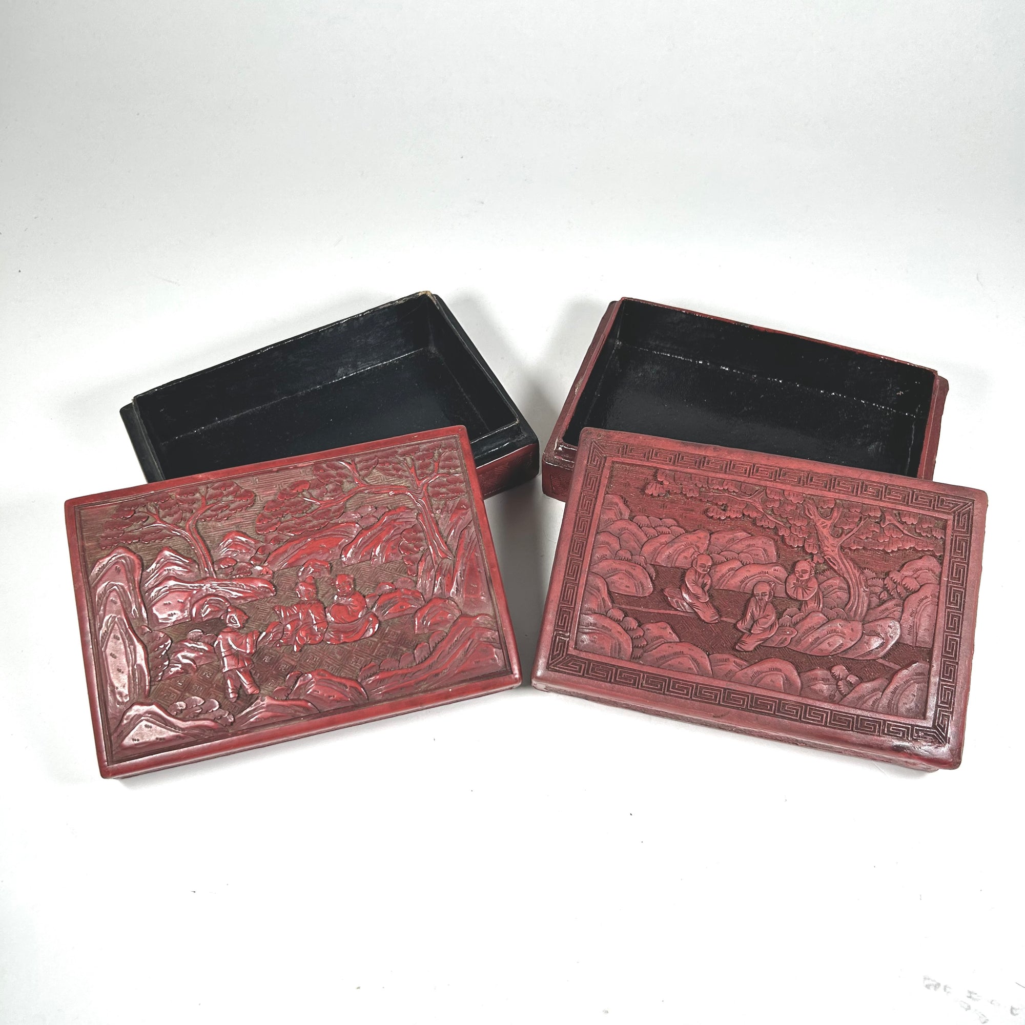 Vintage Chinese Red Lacquer Box Set with Figures in Nature