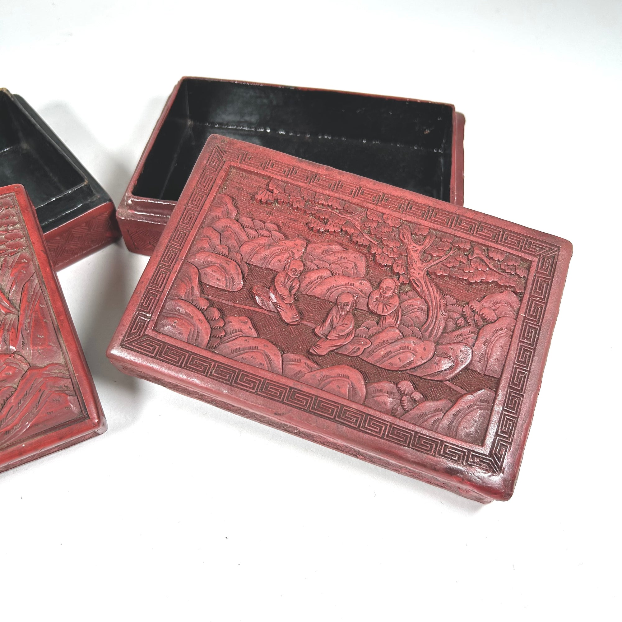 Vintage Chinese Red Lacquer Box Set with Figures in Nature