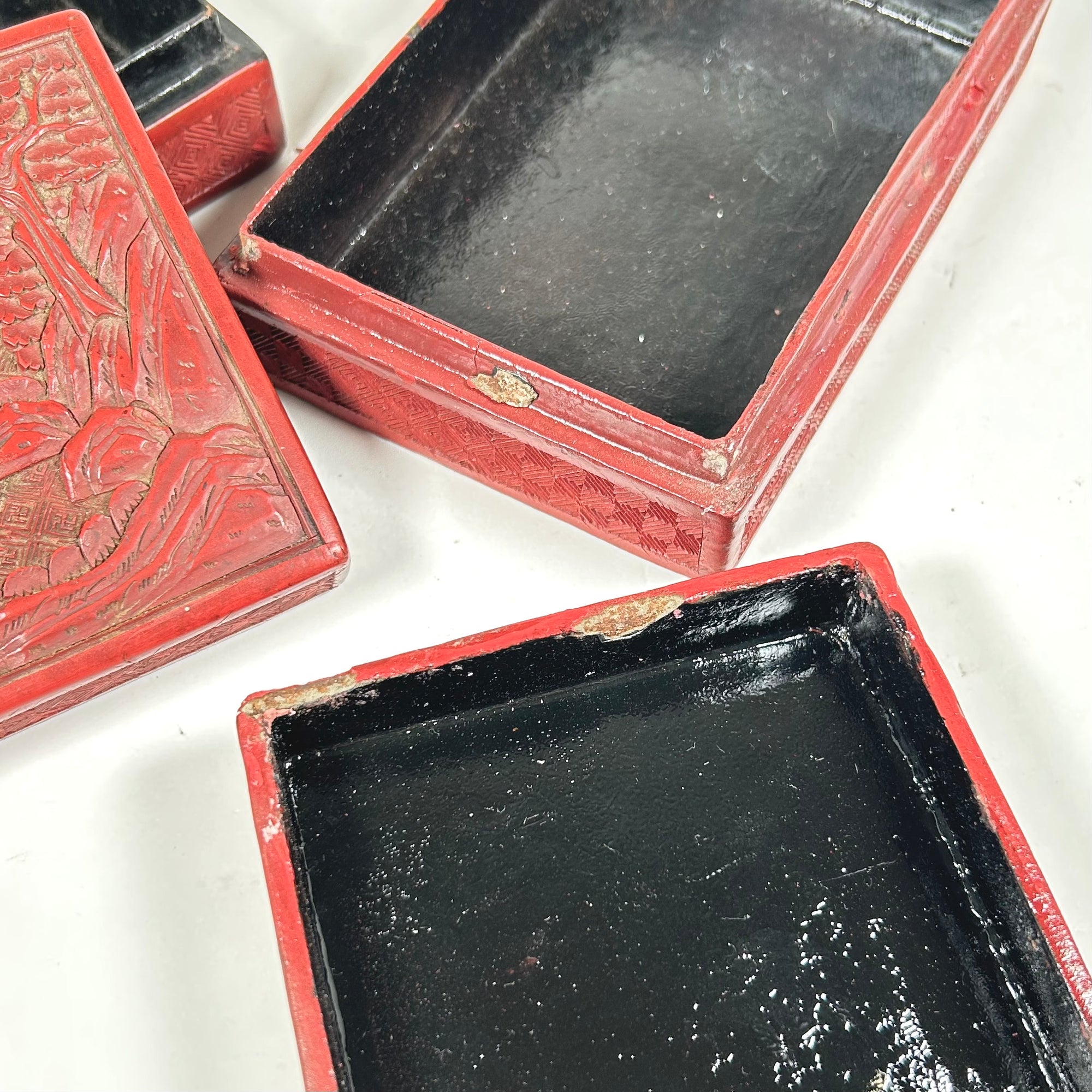 Vintage Chinese Red Lacquer Box Set with Figures in Nature