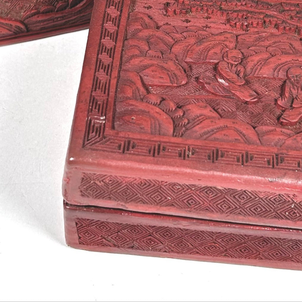 Vintage Chinese Red Lacquer Box Set with Figures in Nature