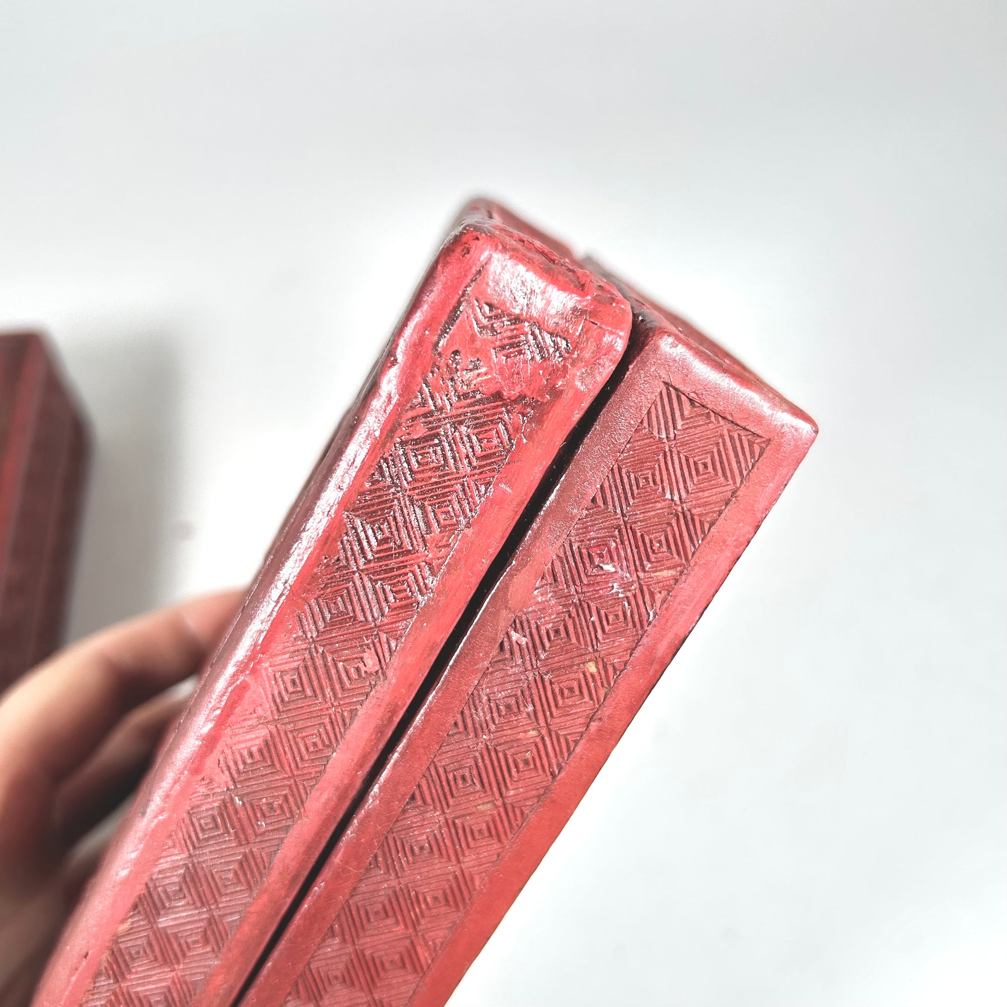 Vintage Chinese Red Lacquer Box Set with Figures in Nature