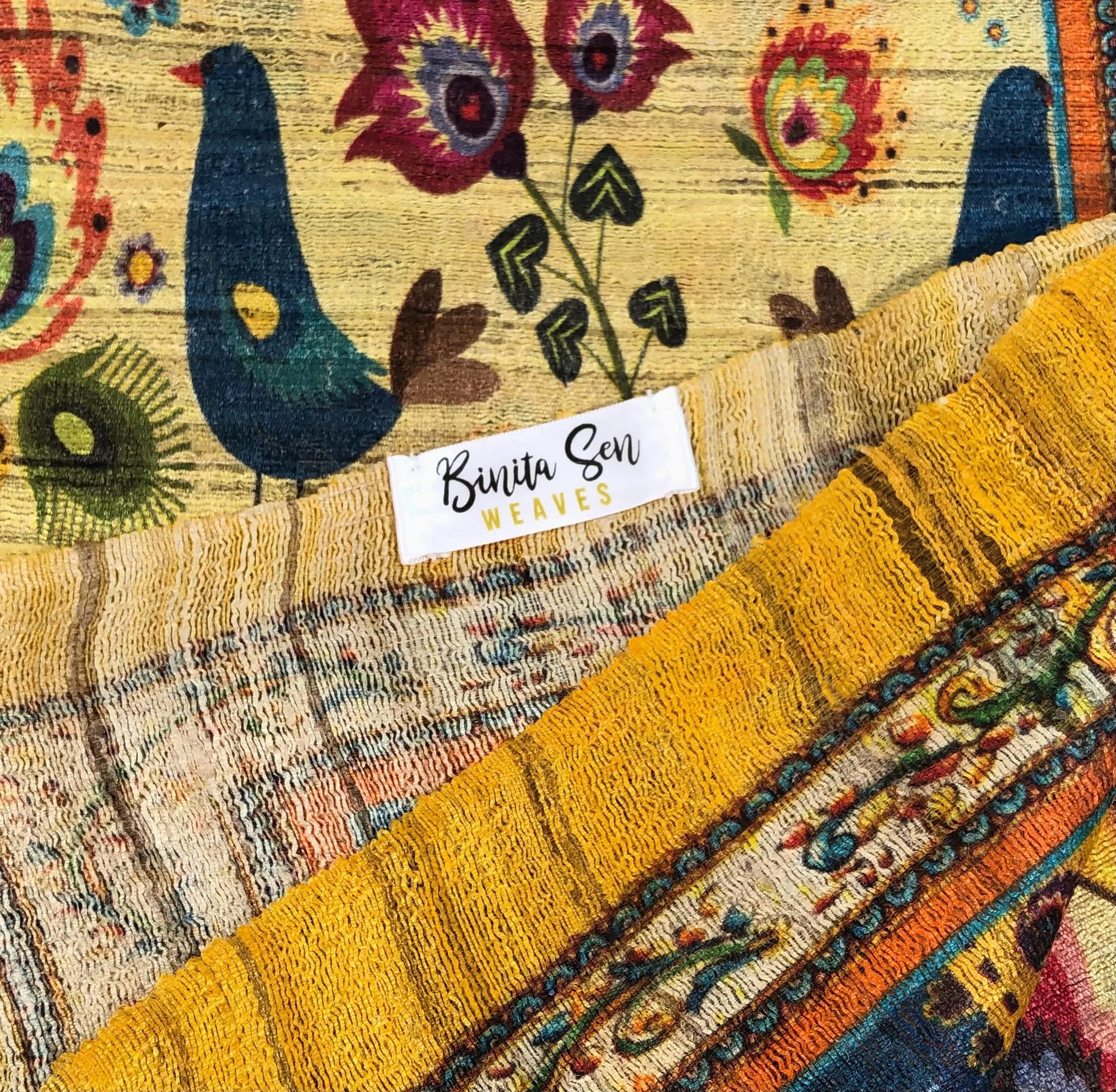 Golden Birds Raw Silk Scarf by Binita Sen Weaves