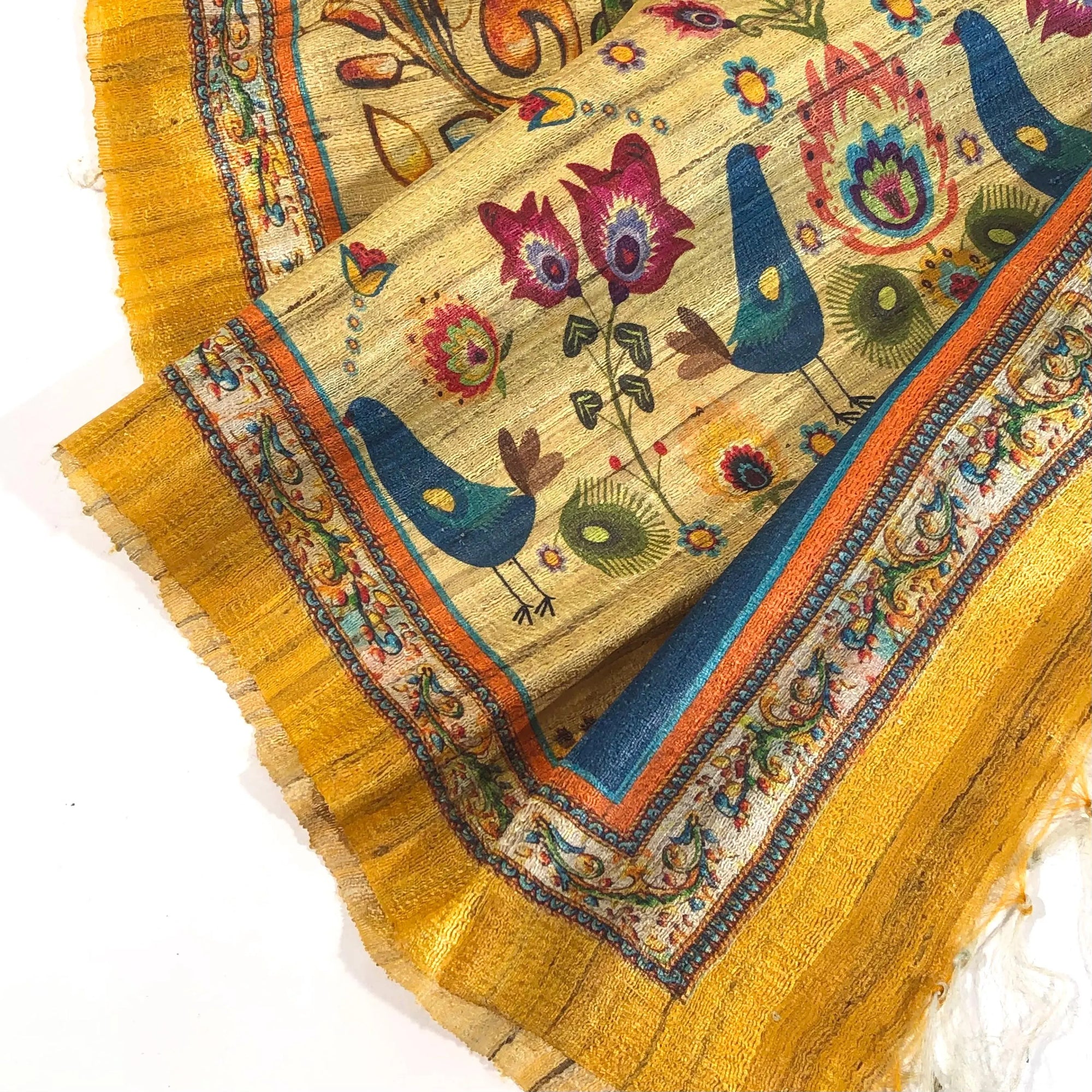 Golden Birds Raw Silk Scarf by Binita Sen Weaves