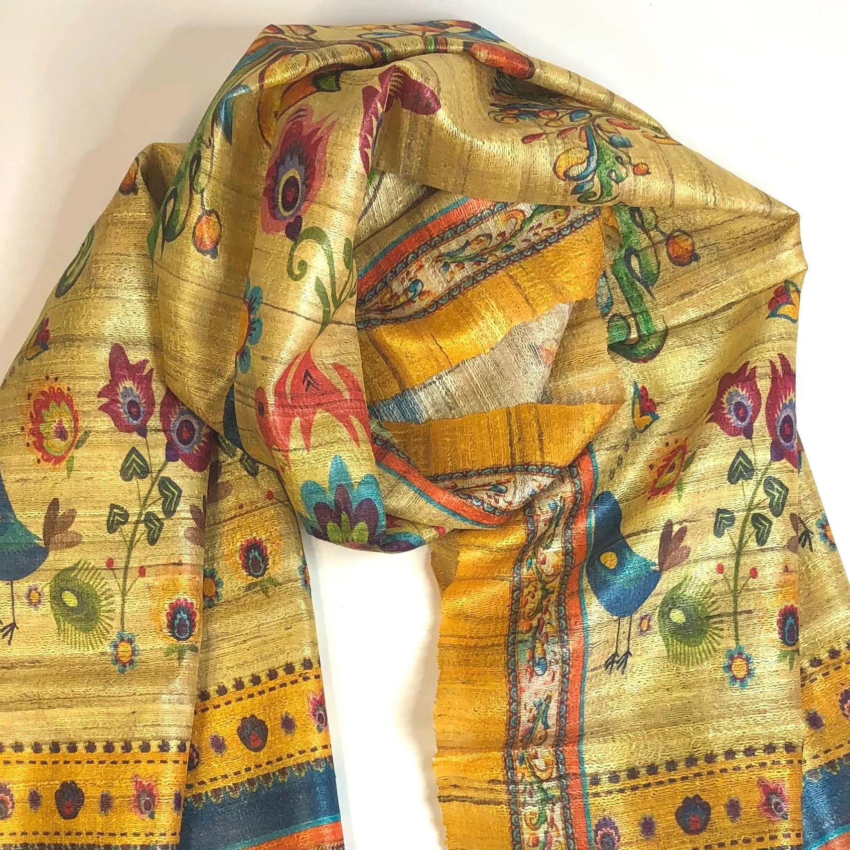 Golden Birds Raw Silk Scarf by Binita Sen Weaves