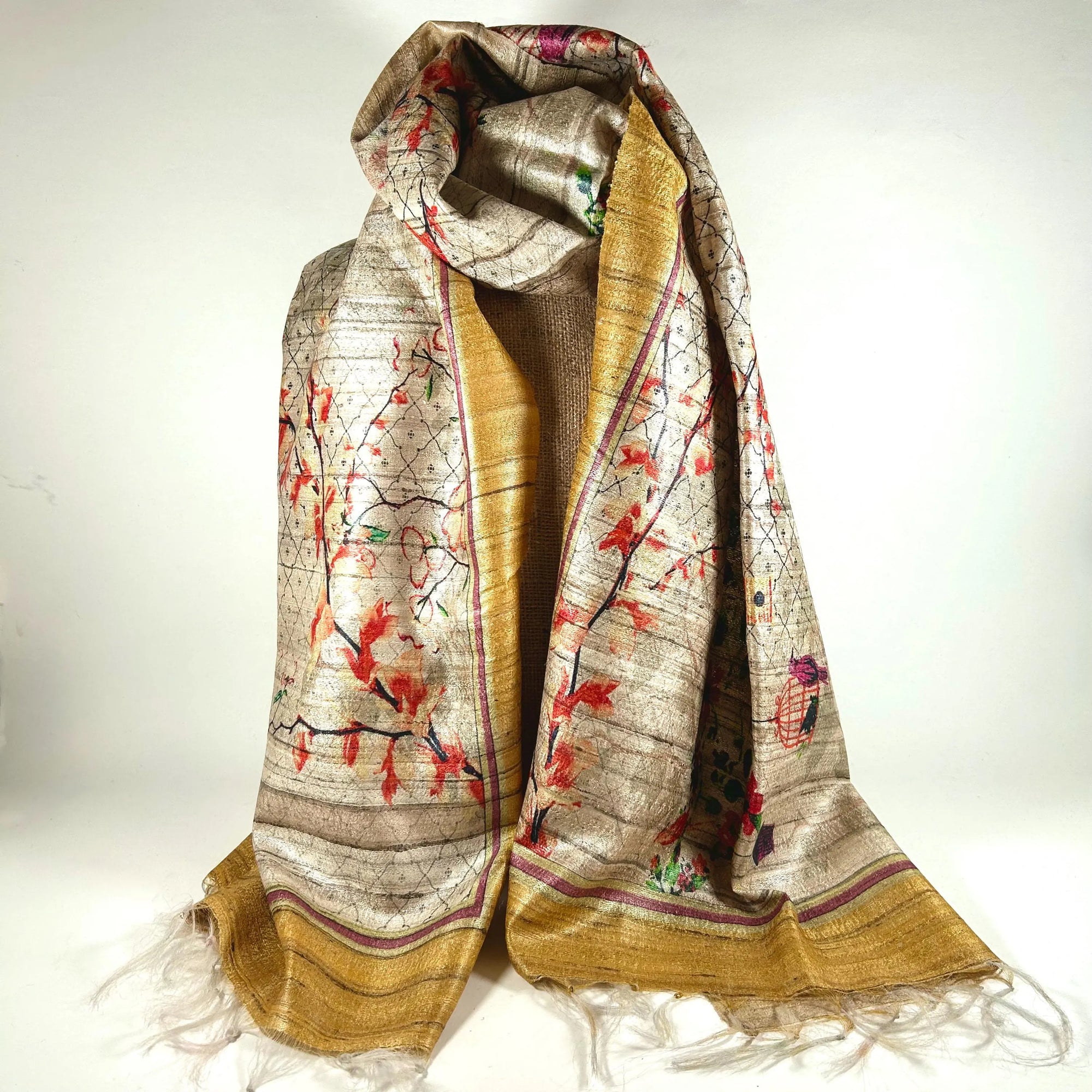 Dramatic Raw Silk Scarf in Gold and Tan by Binita Sen Weaves