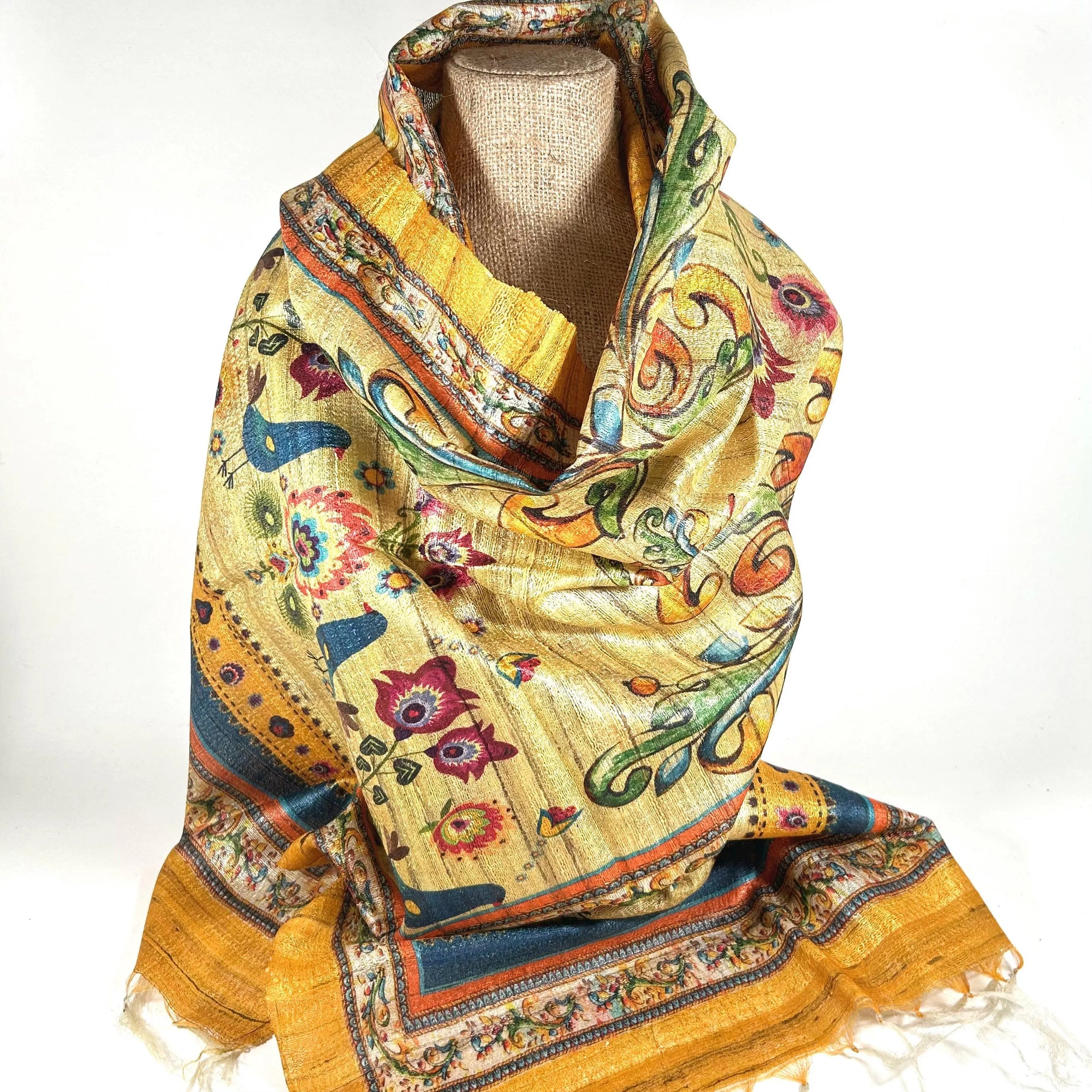 Golden Birds Raw Silk Scarf by Binita Sen Weaves