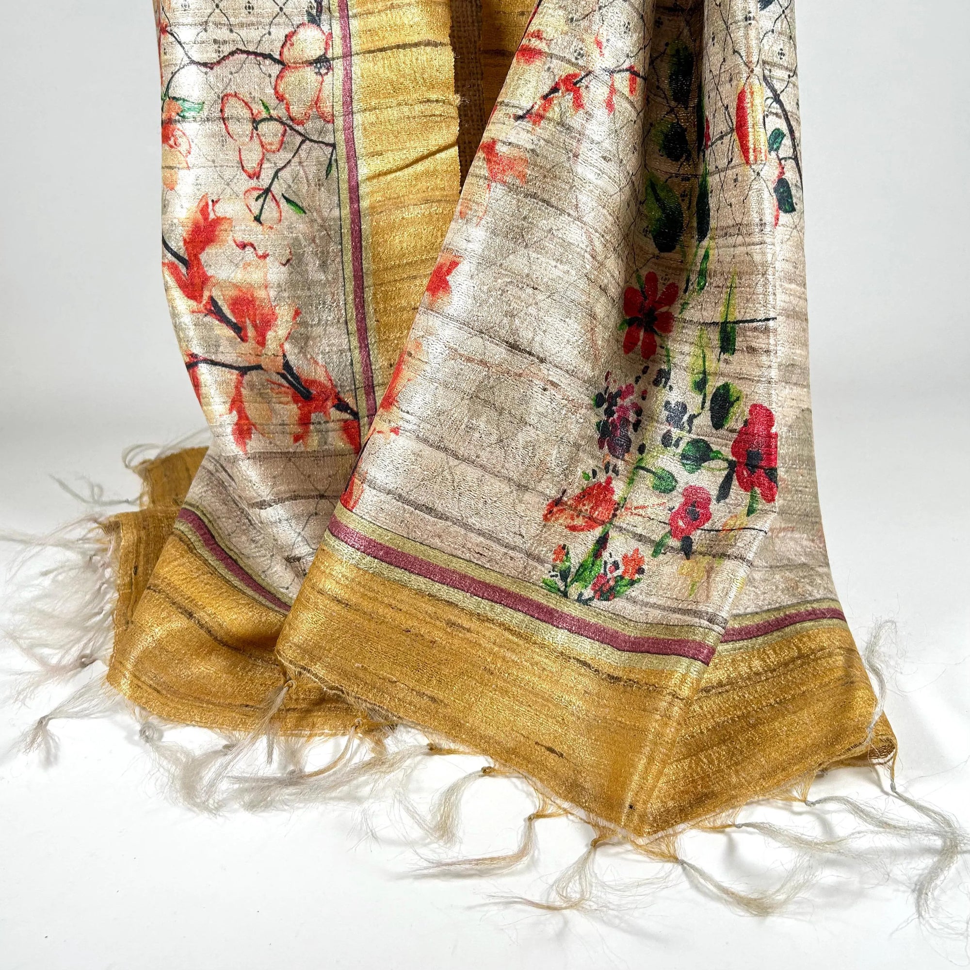 Dramatic Raw Silk Scarf in Gold and Tan by Binita Sen Weaves