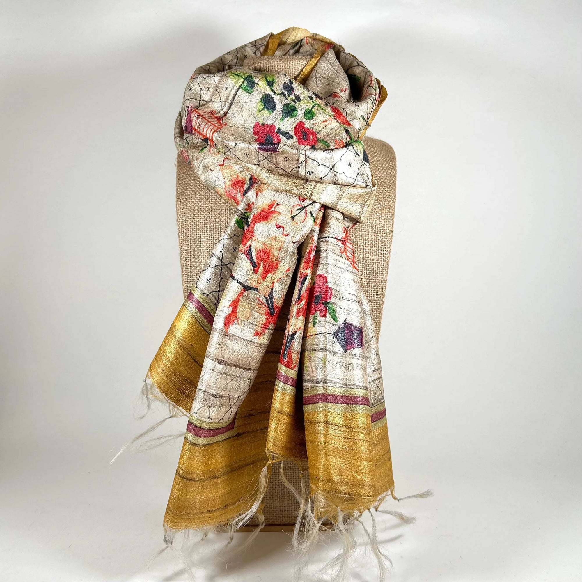 Dramatic Raw Silk Scarf in Gold and Tan by Binita Sen Weaves