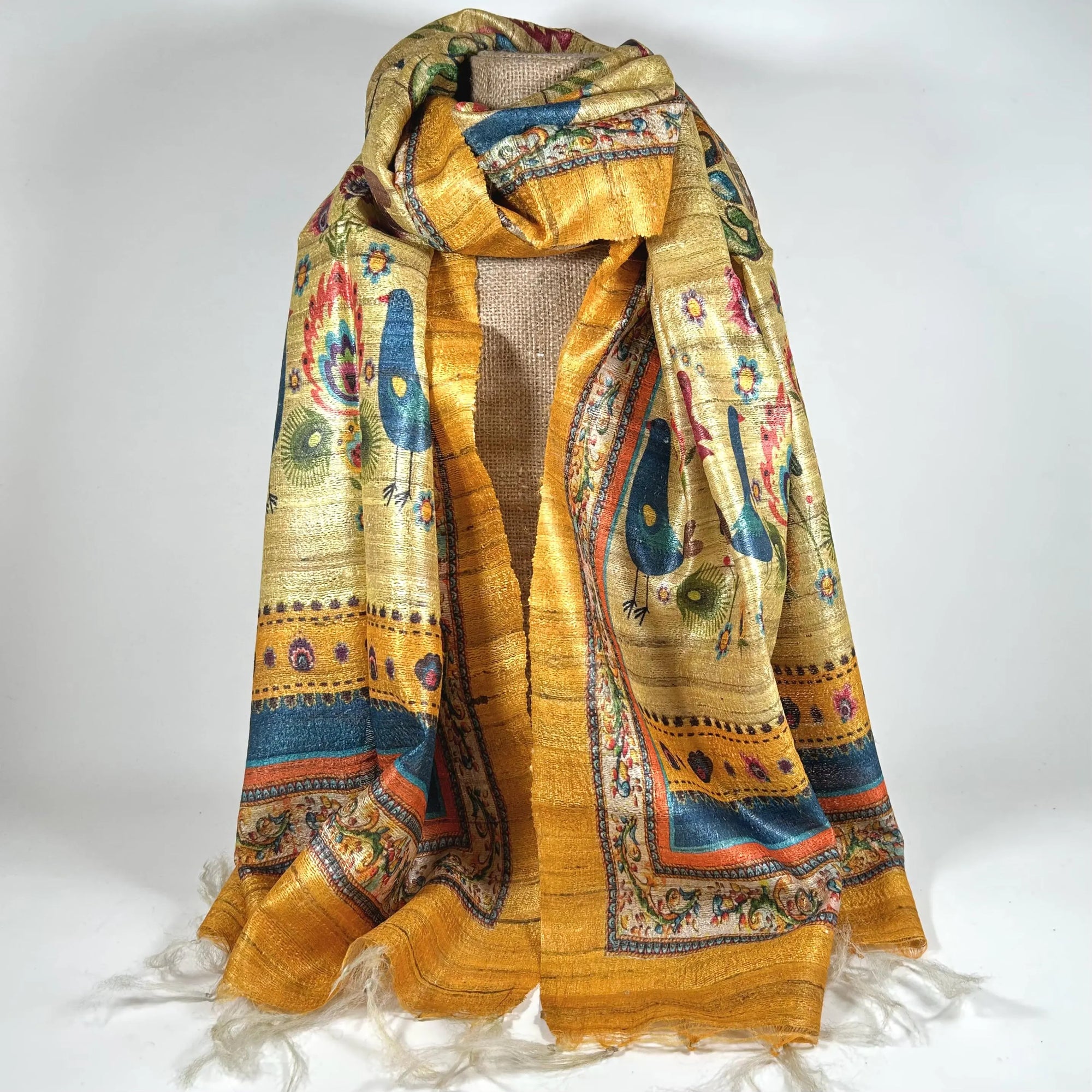 Golden Birds Raw Silk Scarf by Binita Sen Weaves