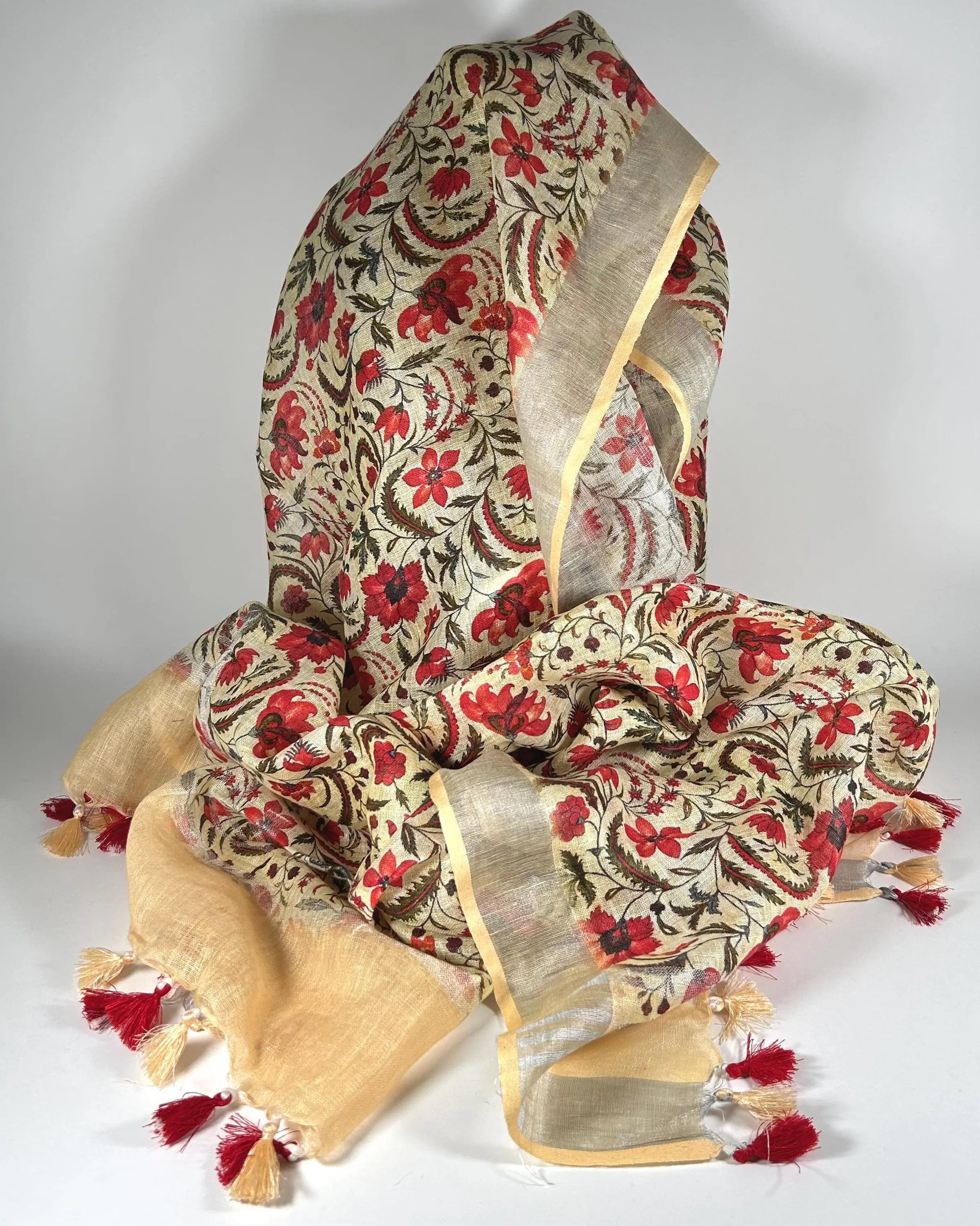 Luxuriously Long Red Floral Shawl Wrap by Binita Sen Weaves