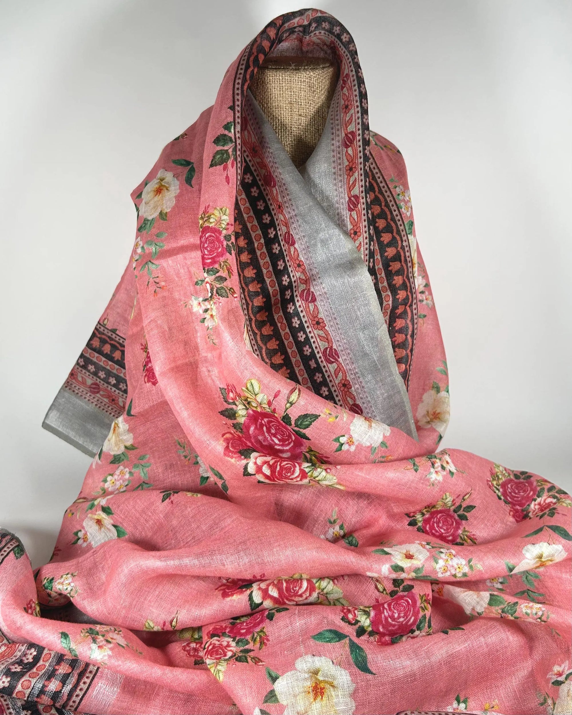 Extra Long Pink Roses Shawl Wrap by Binita Sen Weaves