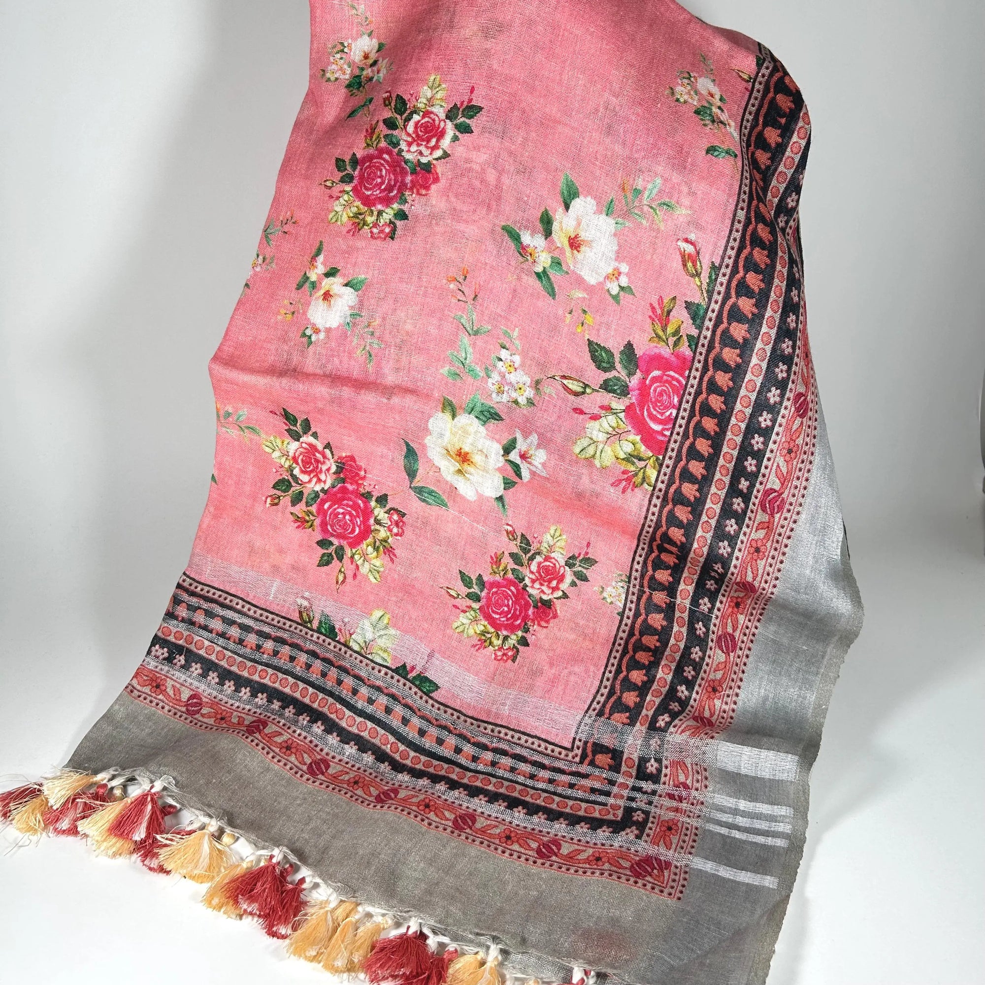 Extra Long Pink Roses Shawl Wrap by Binita Sen Weaves