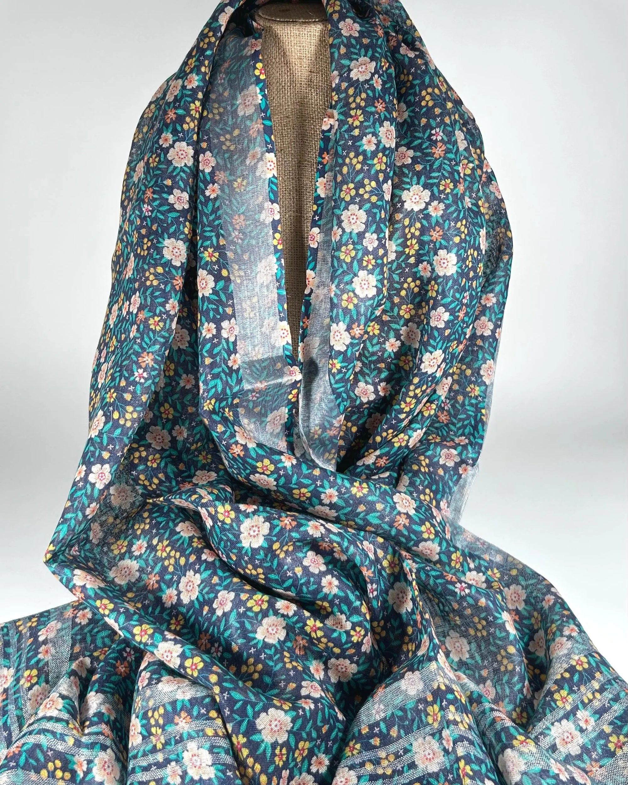 Scarves for the Taller Profile - Blue Flower Shawl Wrap by Binita Sen Weaves