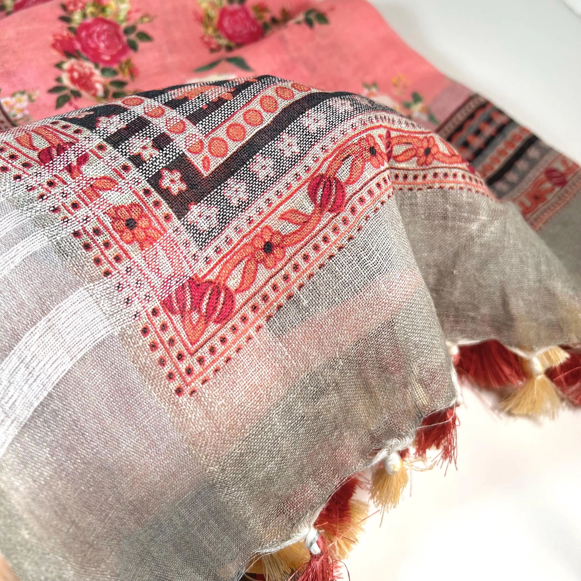 Extra Long Pink Roses Shawl Wrap by Binita Sen Weaves