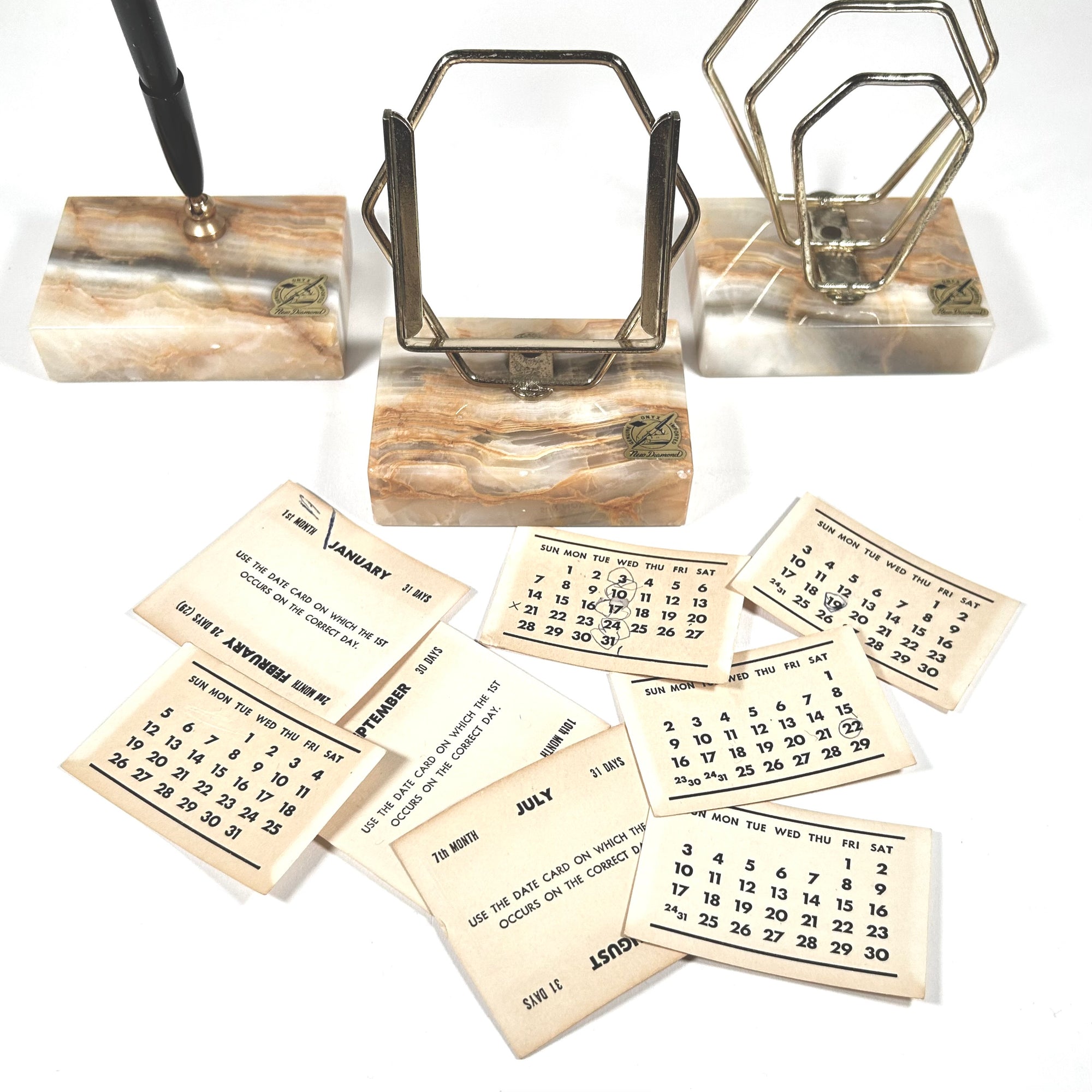 Vintage Three Piece Tan Onyx Desk Set by New Diamond